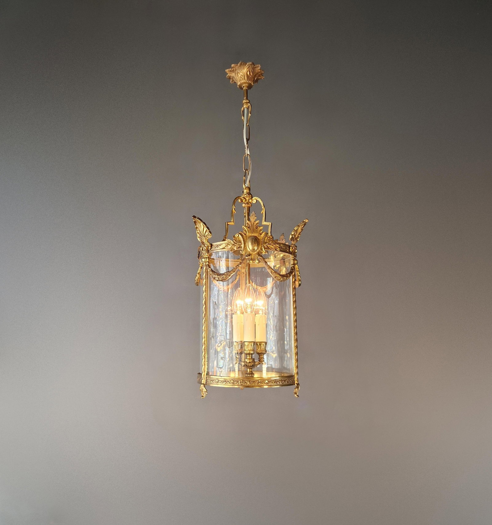 Antique French Lantern Chandelier Louis XVI Style Brass and Glas Gold Handmade - 4