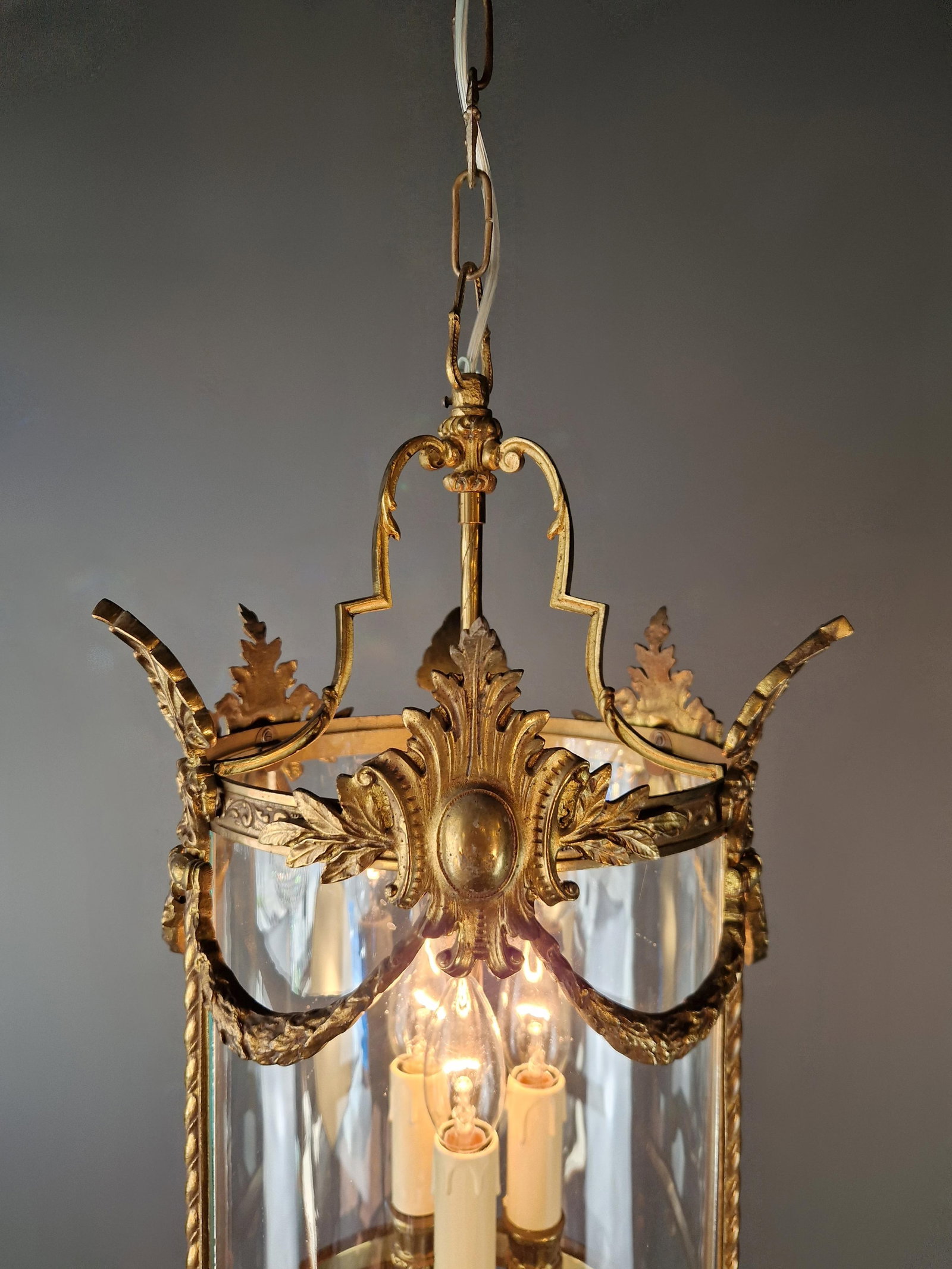 Antique French Lantern Chandelier Louis XVI Style Brass and Glas Gold Handmade - 5