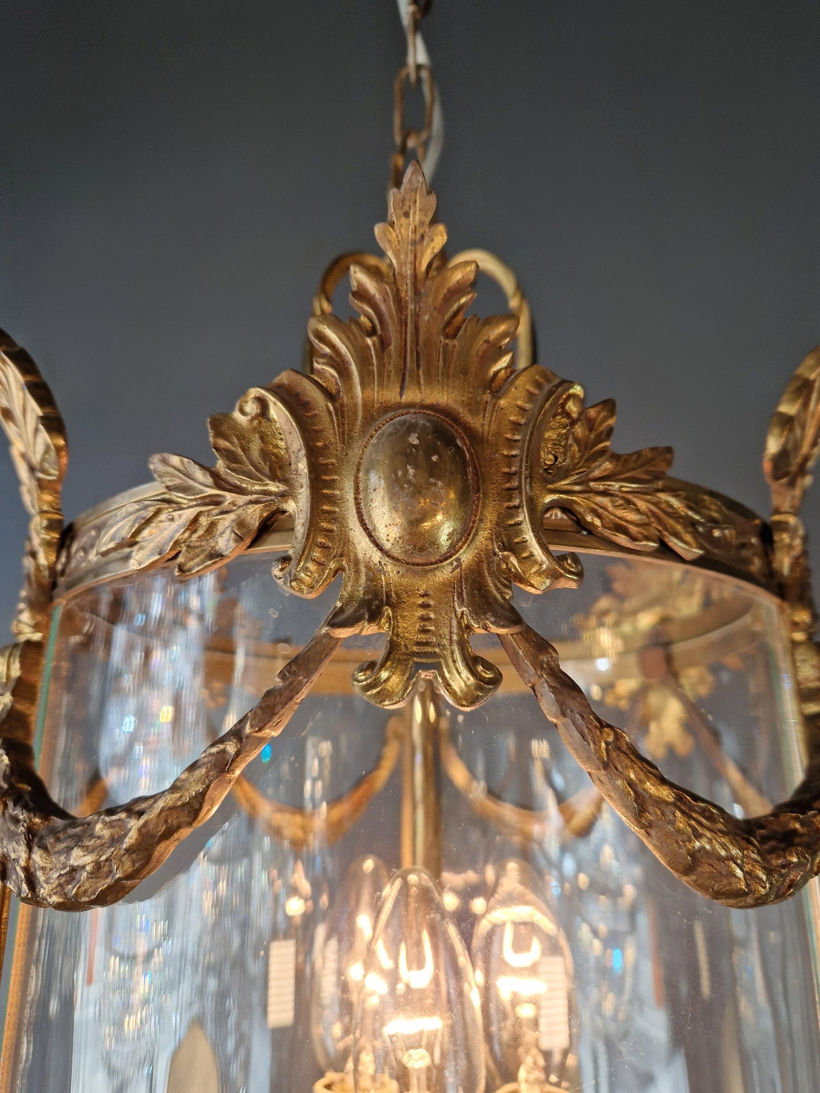 Antique French Lantern Chandelier Louis XVI Style Brass and Glas Gold Handmade - 6