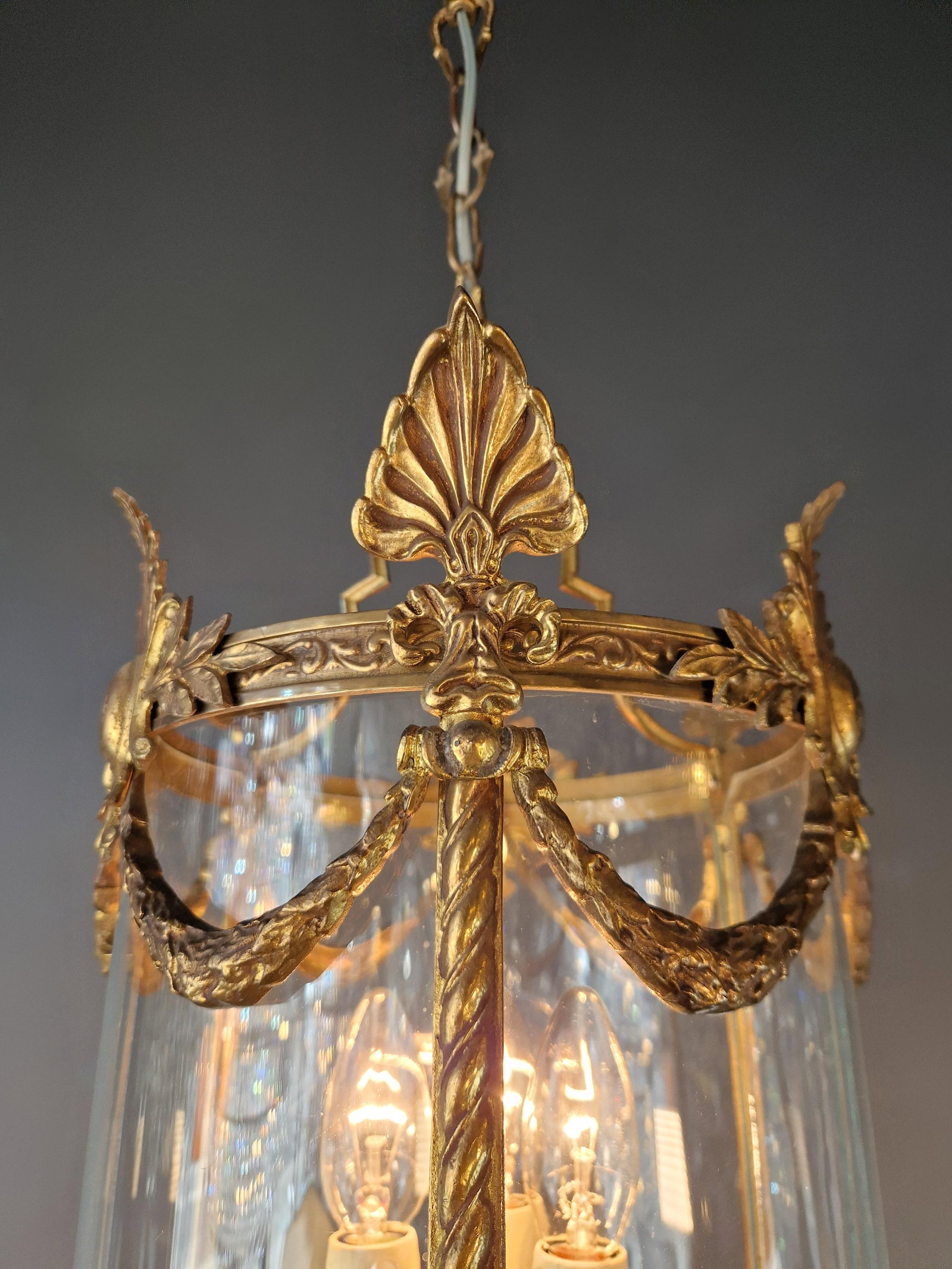 Antique French Lantern Chandelier Louis XVI Style Brass and Glas Gold Handmade - 7
