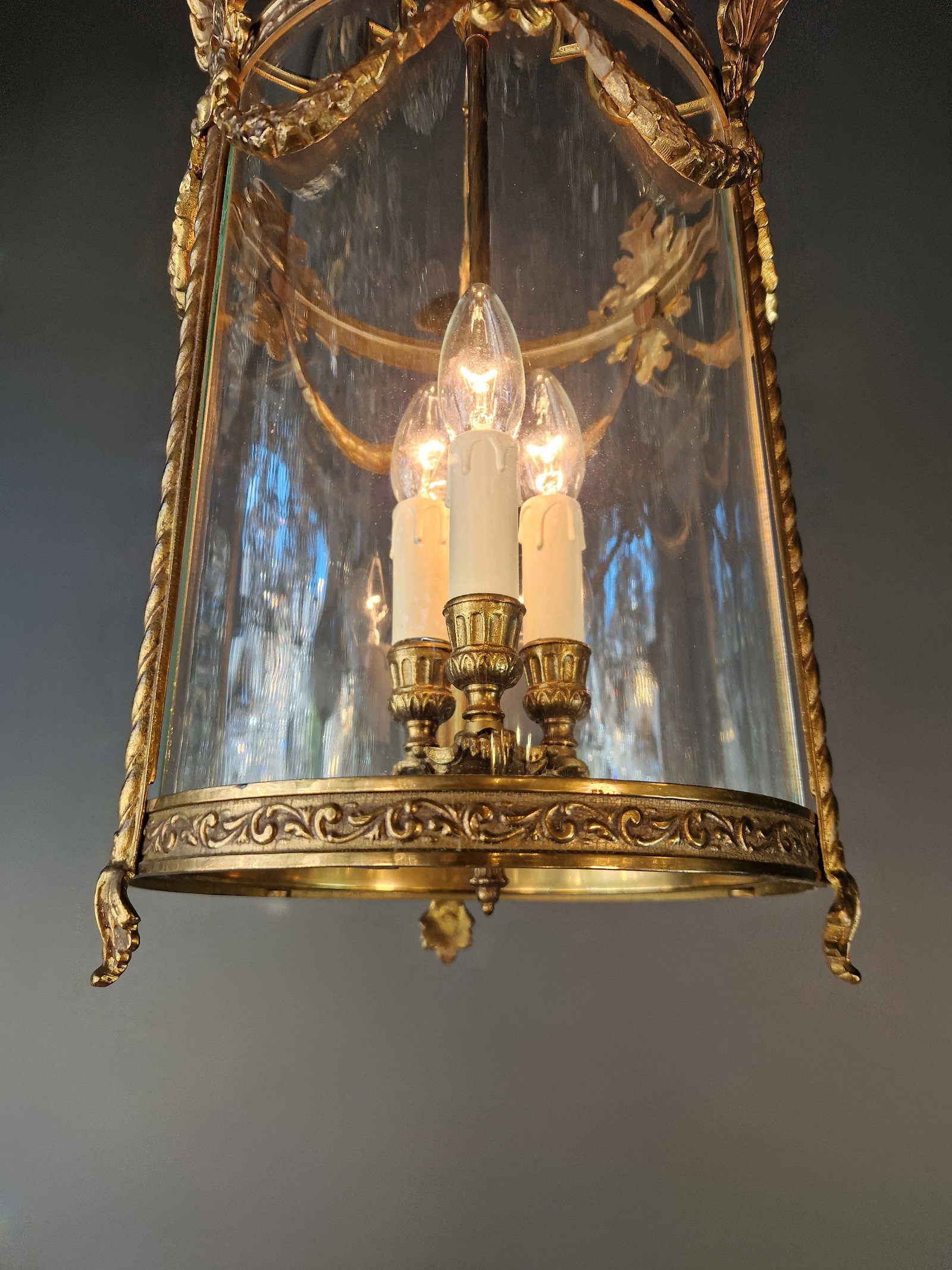 Antique French Lantern Chandelier Louis XVI Style Brass and Glas Gold Handmade - 8