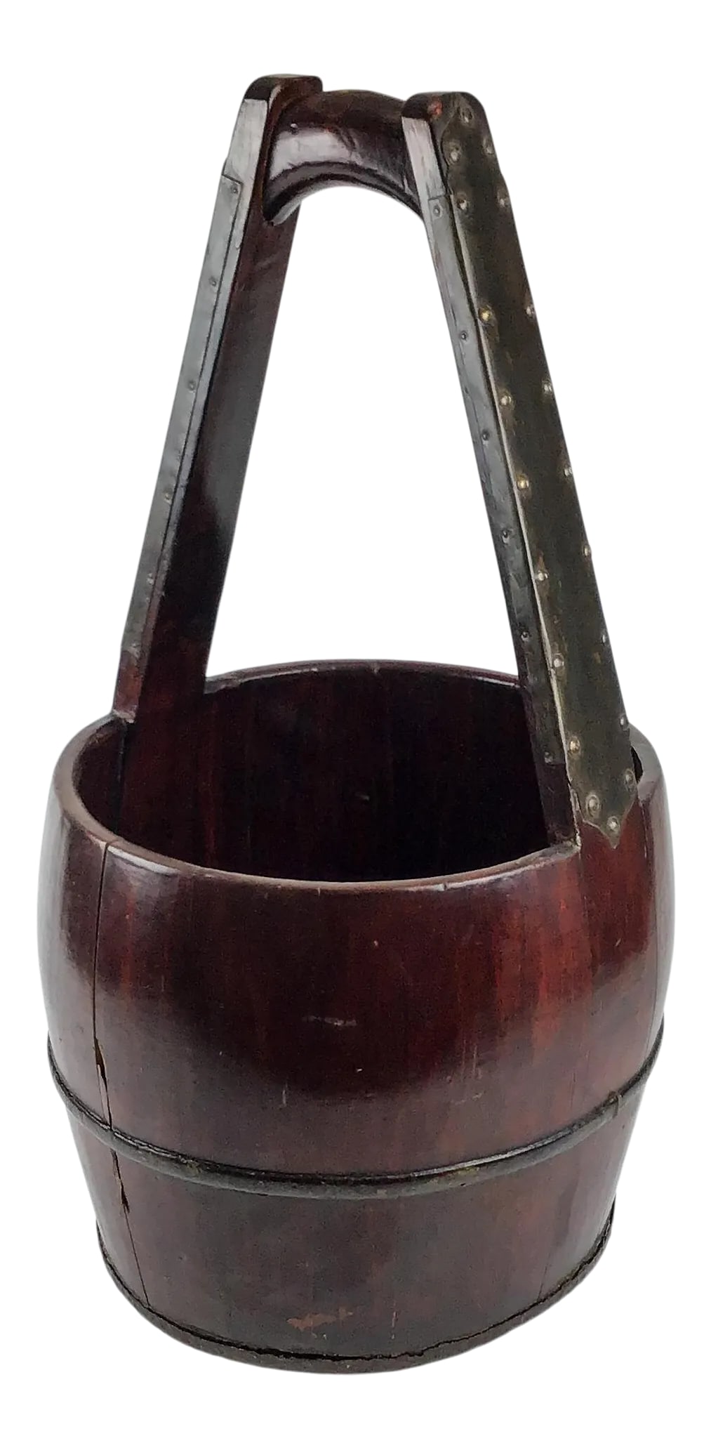 Antique Wood and Bronze Chinese Rice Water Bucket: Gorgeous details and beautiful curvy angles. The handle on this beauty has been supported by bronze. This bucket is a simply beautiful work of art. Anywhere you place this piece will bring questions a