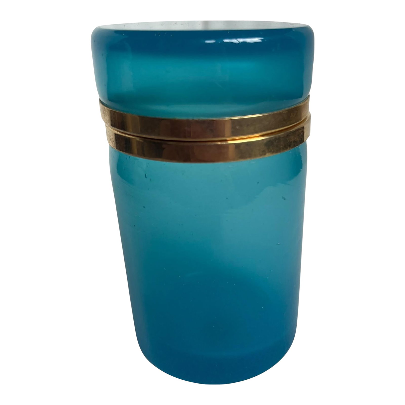 Antique Opaline Glass Box Italian Murano Circa 1860: A refined opaline glass box of cylindrical form, crafted in Murano and dating to circa 1860. The piece features a luminous, milky translucence that softly diffuses light, a hallmark of fine opaline gl