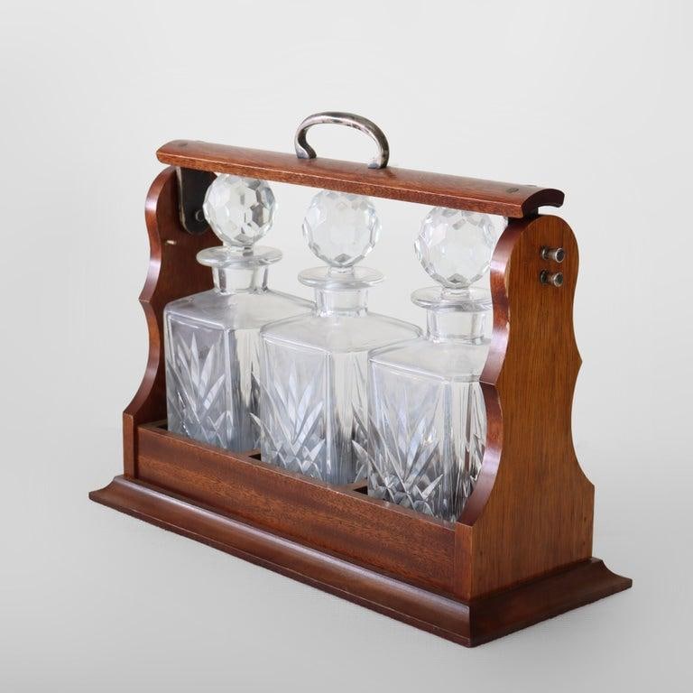 Antique Oak Tantalus With 3-Art Glass Spirit Decanters C1920 - 4