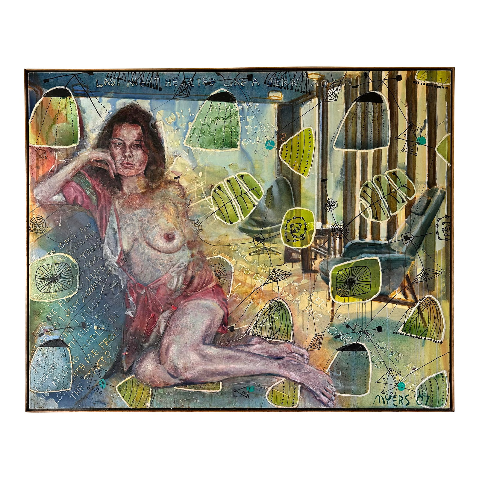 Walter Myers Large-Scale Figurative Oil on Canvas, Signed and Dated 2007: Measuring an impressive 48" x 60", this commanding 2007 original oil on canvas titled "Last Night He Acted Like a Jerk Again" by Chicago artist Walter Myers (b. 1954) is bold, layered, provocative,