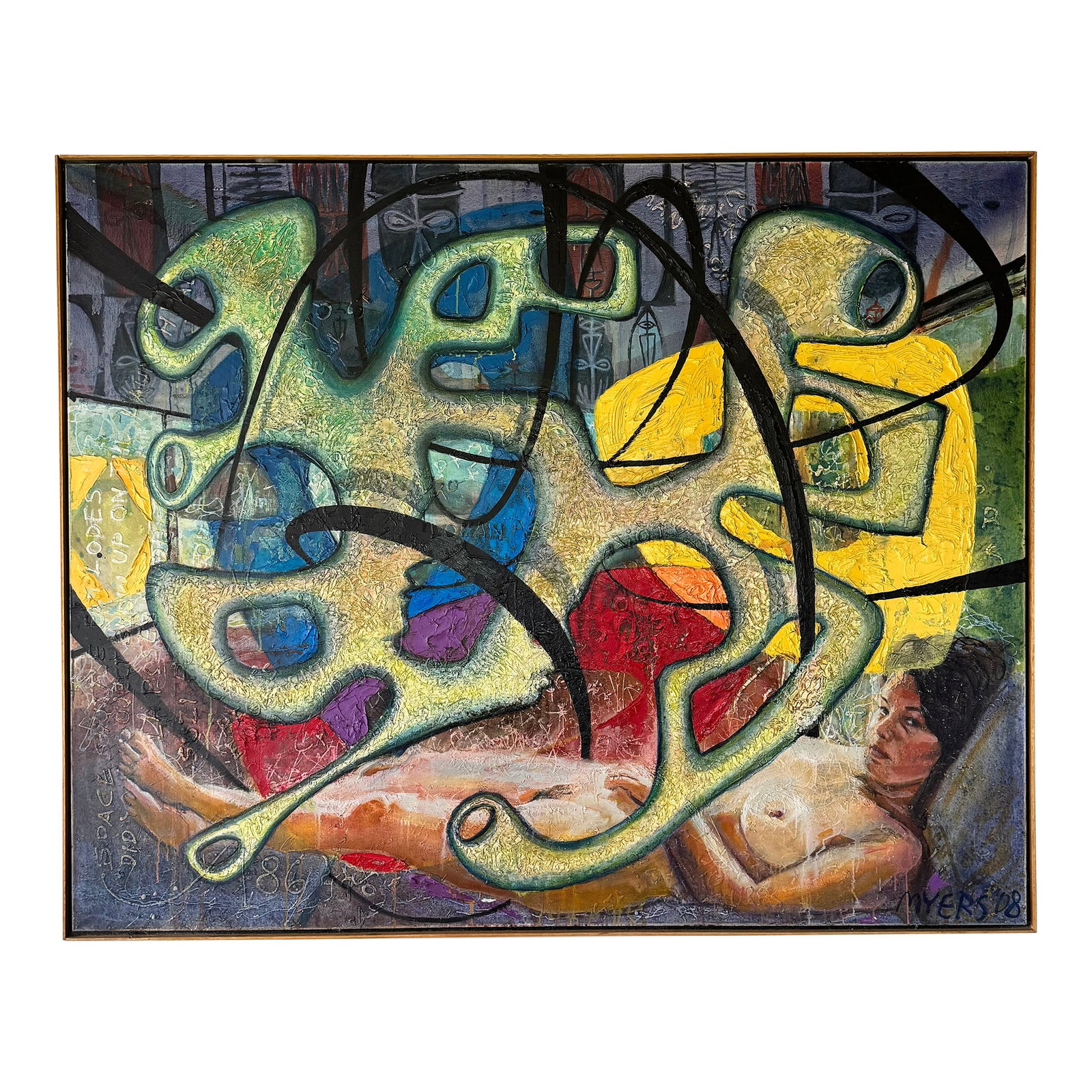 Walter Myers Large-Scale Figurative Oil on Canvas, "Special", Signed and Dated 2007: Measuring an impressive 48" x 60", this commanding 2007 original oil on canvas titled "Special" by Chicago artist Walter Myers (b. 1954) is bold, layered, provocative, and unmistakably contemporary.