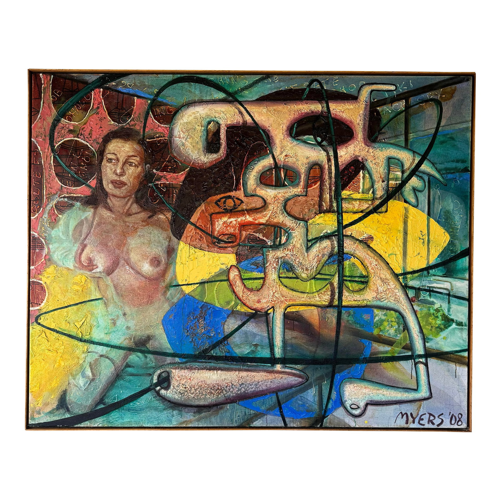 Walter Myers Large-Scale Figurative Oil on Canvas, "Postcard From Florida", Signed and Dated 200: Measuring an impressive 48" x 60", this commanding 2007 original oil on canvas titled "Postcard from Florida (Wish You Were Here)" by Chicago artist Walter Myers (b. 1954) is bold, layered,