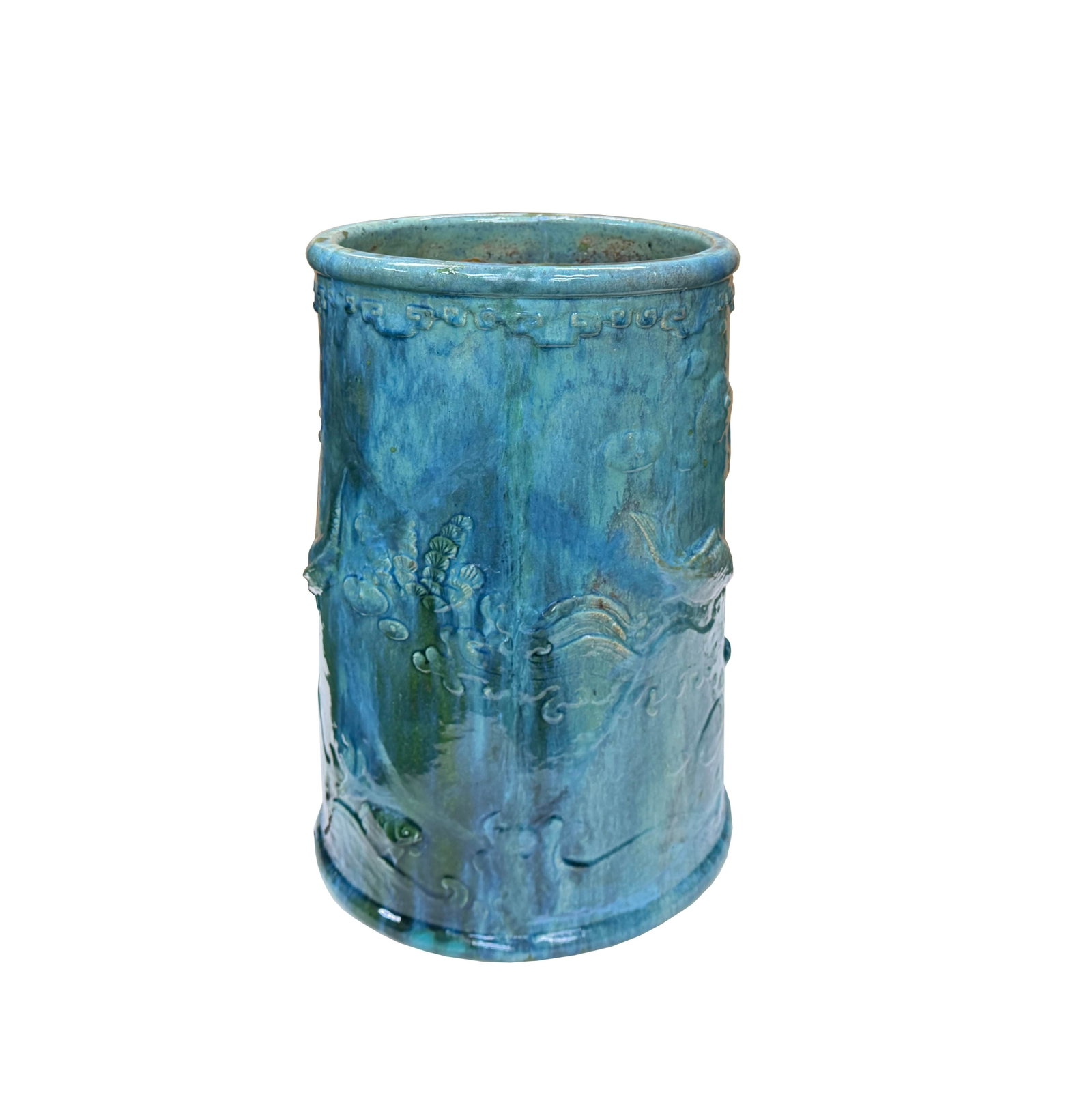 Vintage Distressed Marks Turquoise Green Lotus Fishes Ceramic Holder - 7