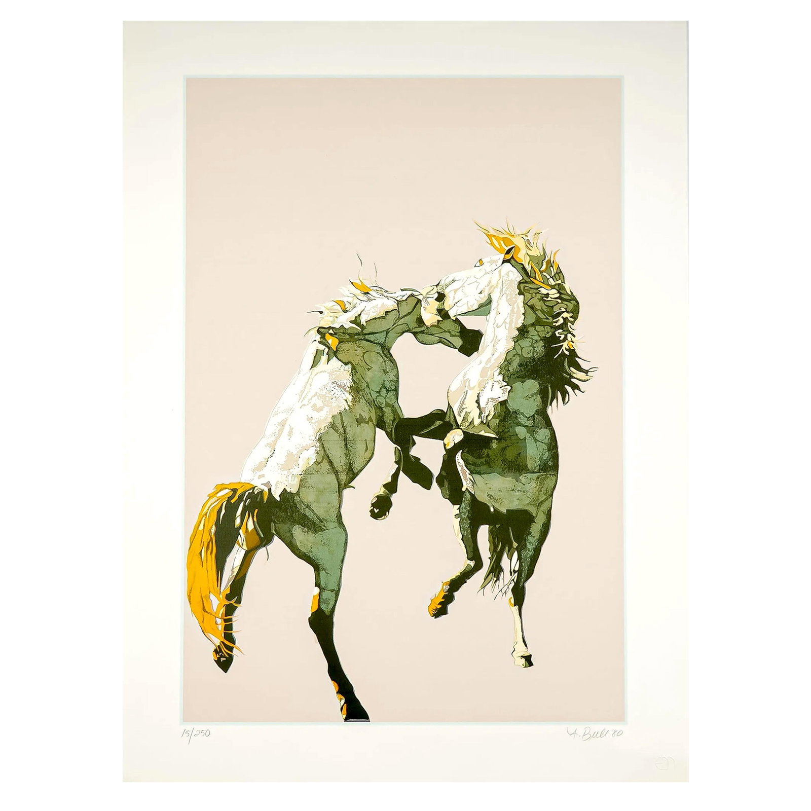 Fighting Horses Limited Edition Serigraph by Fran Bull, Photorealist Circa 1980 - 2