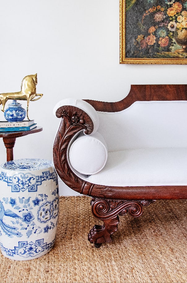 Antique Carved Mahogany Sofa With Crisp White Upholstery - 2