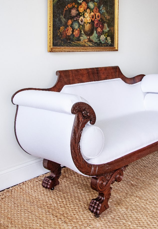 Antique Carved Mahogany Sofa With Crisp White Upholstery - 3