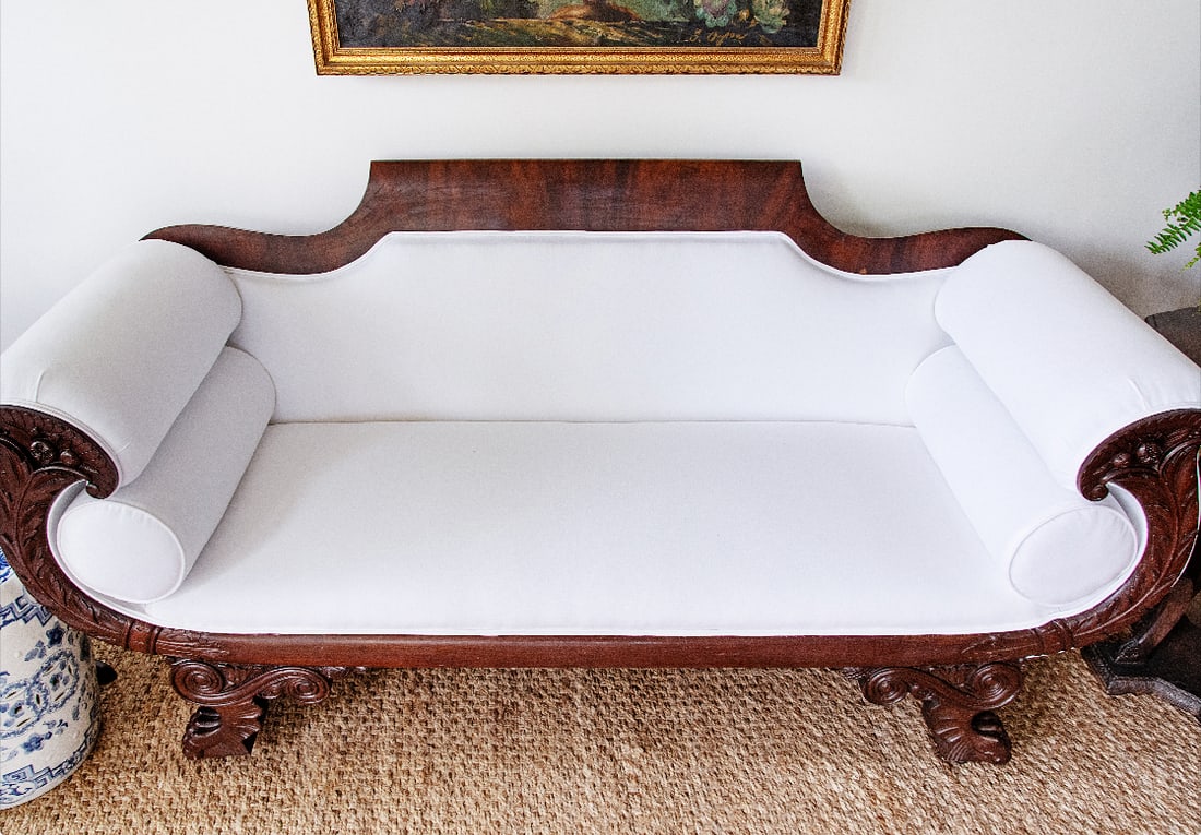 Antique Carved Mahogany Sofa With Crisp White Upholstery - 4