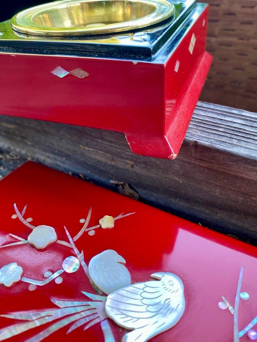 Vintage Japanese Red Lacquer Smoking Box With Mother-of-Pearl Birds and Brass Ash Receiver - 16