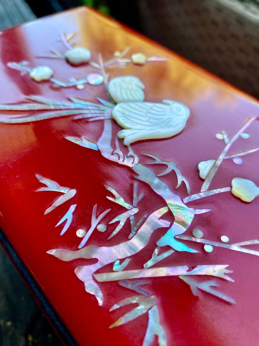 Vintage Japanese Red Lacquer Smoking Box With Mother-of-Pearl Birds and Brass Ash Receiver - 2