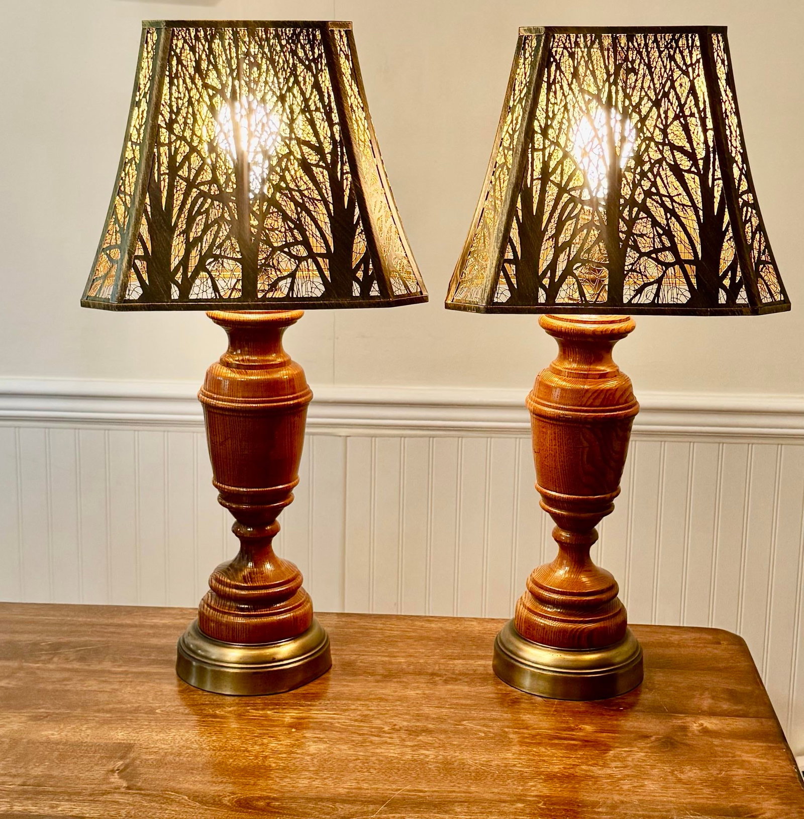 Wooden Table Lamps With Metal Tree Silhouette Shades - 12