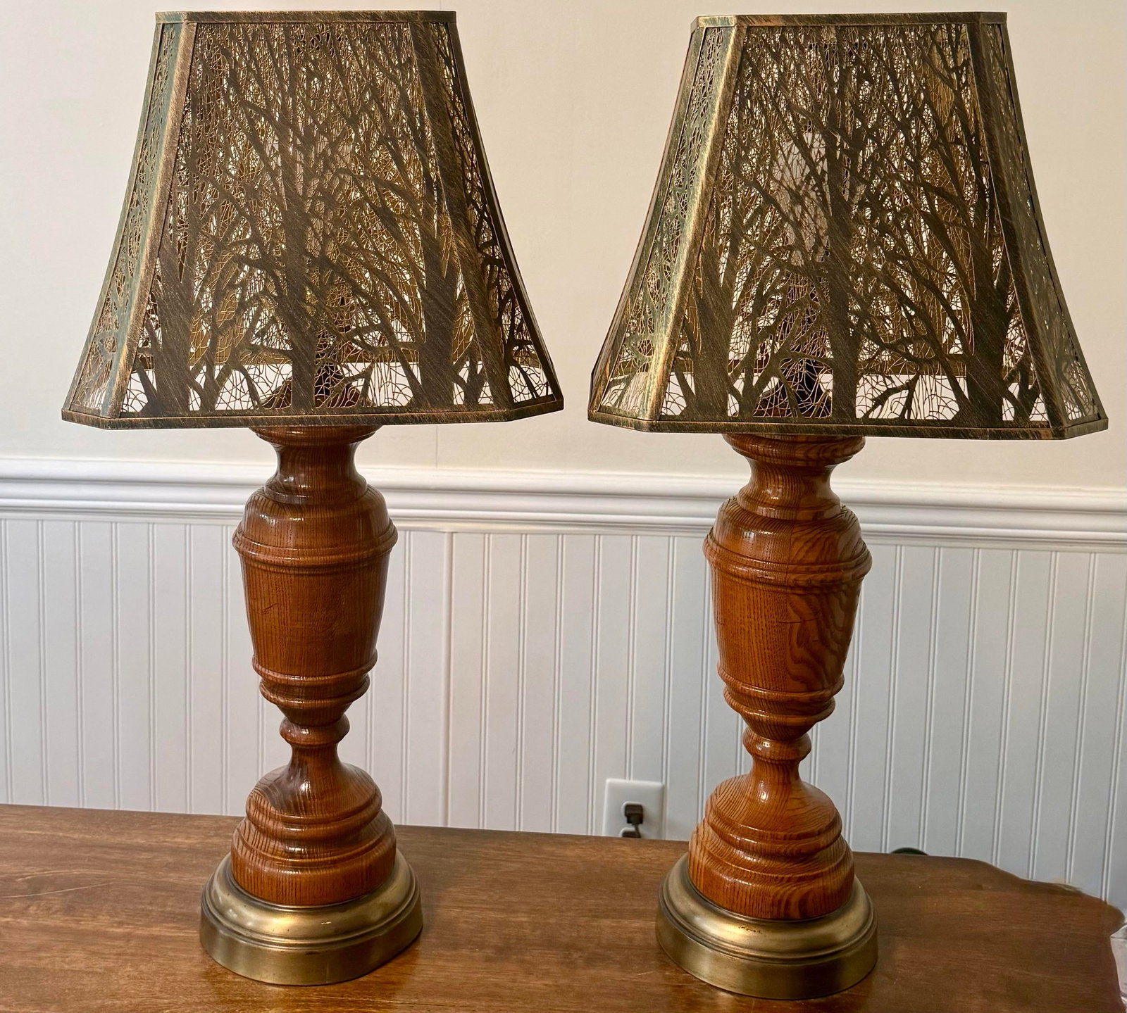 Wooden Table Lamps With Metal Tree Silhouette Shades - 2