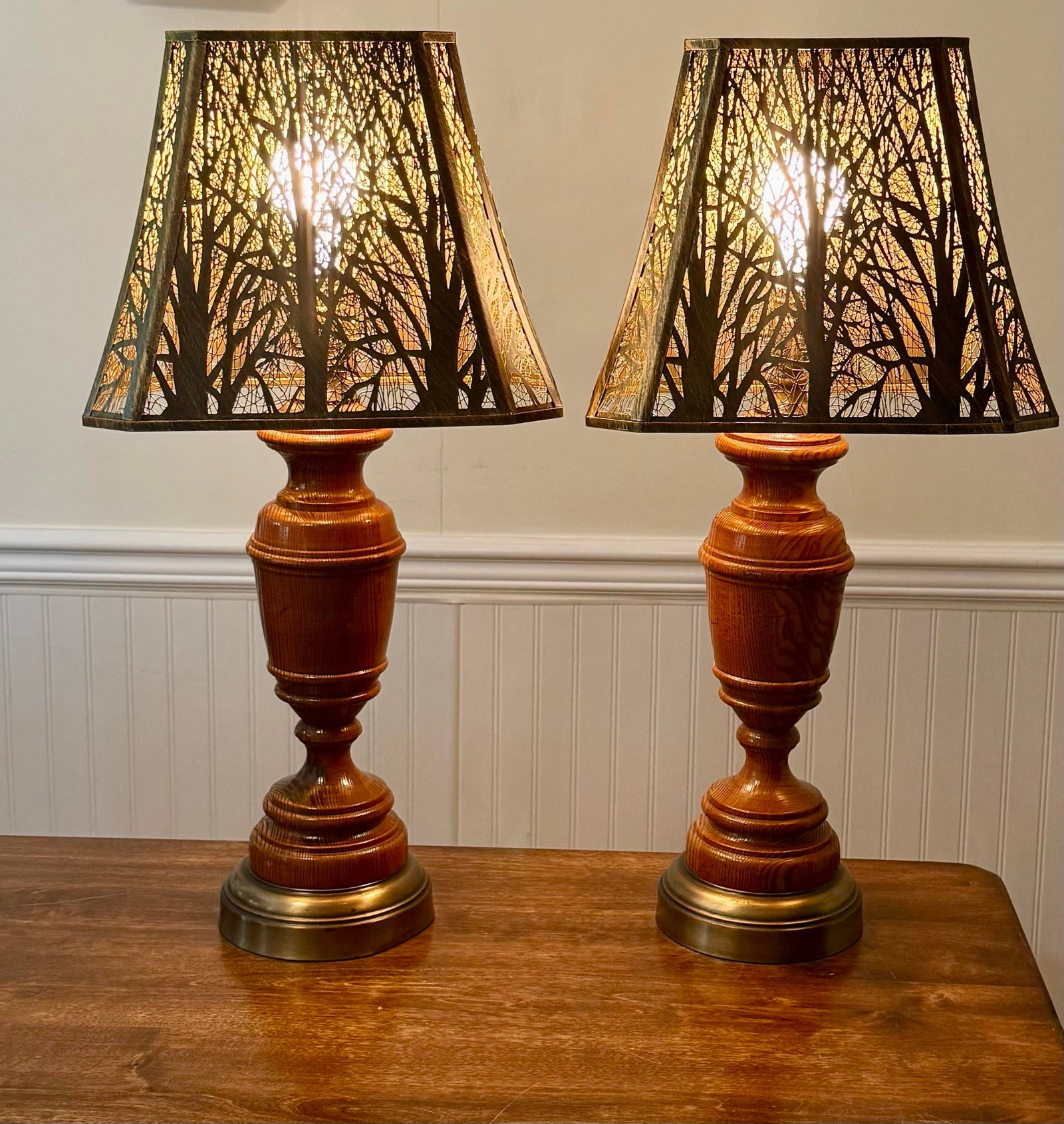 Wooden Table Lamps With Metal Tree Silhouette Shades - 3