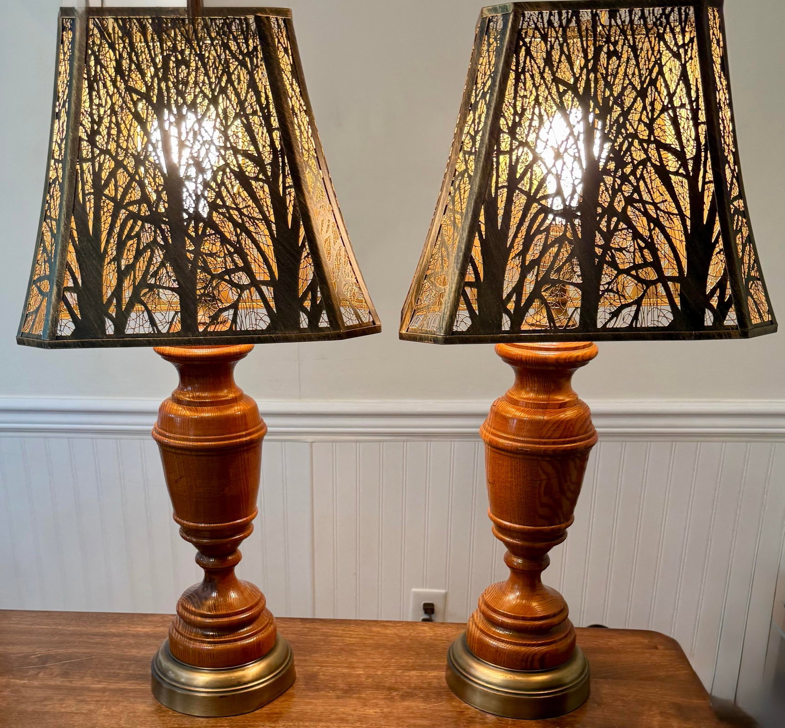 Wooden Table Lamps With Metal Tree Silhouette Shades - 5
