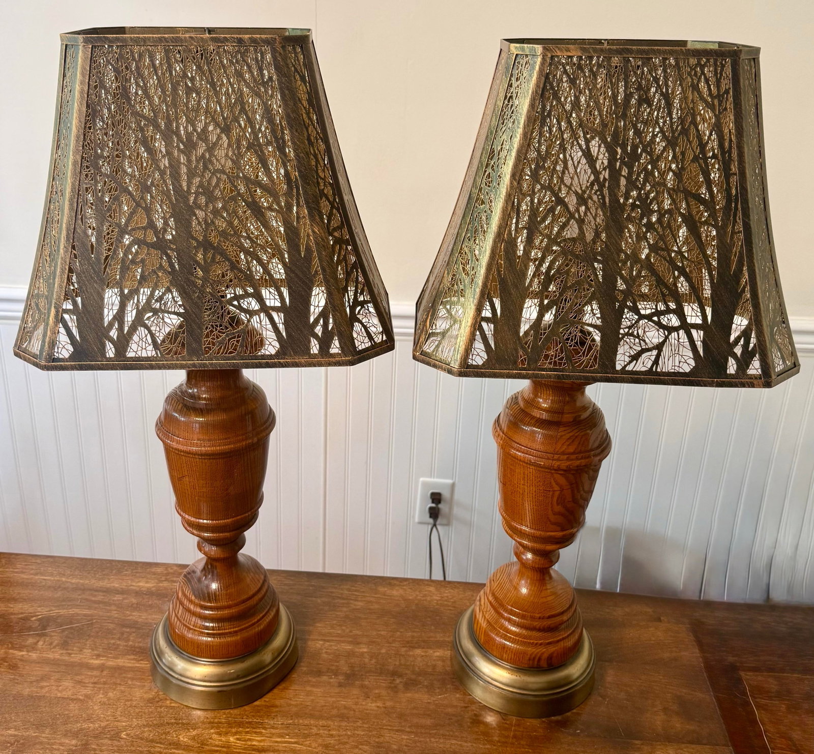 Wooden Table Lamps With Metal Tree Silhouette Shades - 6