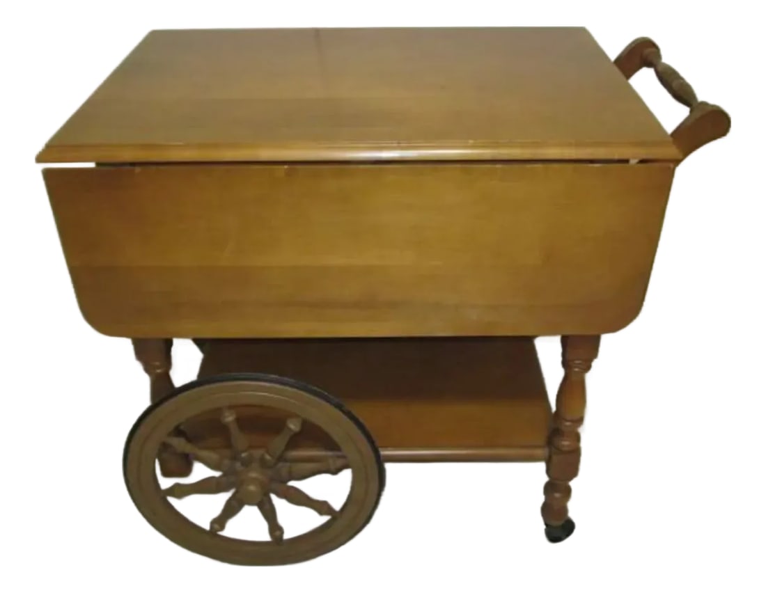 1960s Retro Rolling Wagon Wheel Bar Cart: Charming Colonial Early American Beverage cart, tea cart, bar and drinkware, drop-leaf rolling cart, Condition: Alterations: Original Condition Unaltered Imperfections: Some Imperfections Condition No