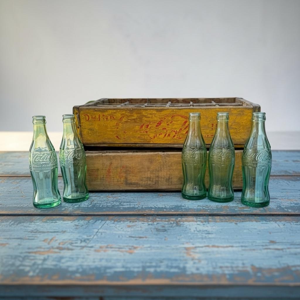 1960's Vintage Yellow Coca-Cola Wooden Delivery Crates & Wailuku, Maui Hawaii Bottle Trio - 16