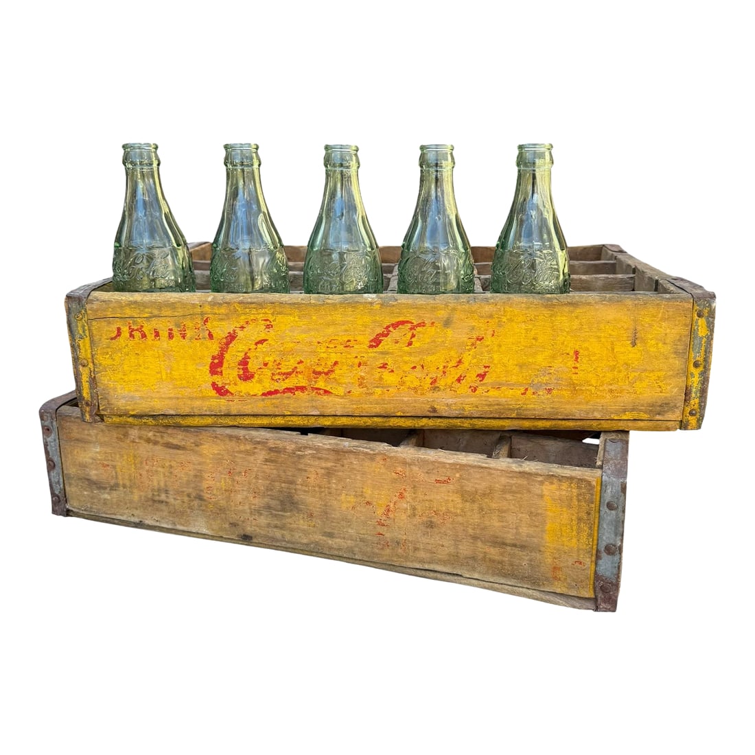 1960's Vintage Yellow Coca-Cola Wooden Delivery Crates & Wailuku, Maui Hawaii Bottle Trio (1 of 16)