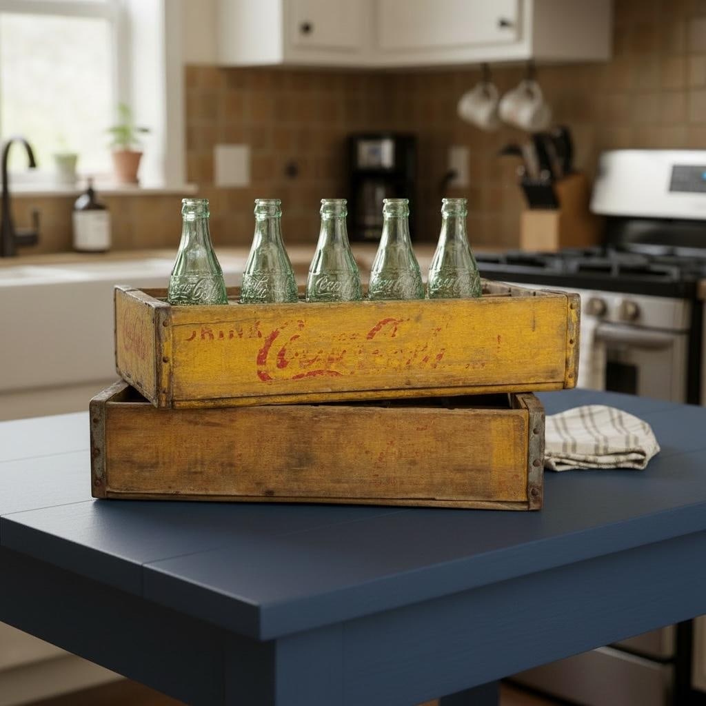 1960's Vintage Yellow Coca-Cola Wooden Delivery Crates & Wailuku, Maui Hawaii Bottle Trio - 2