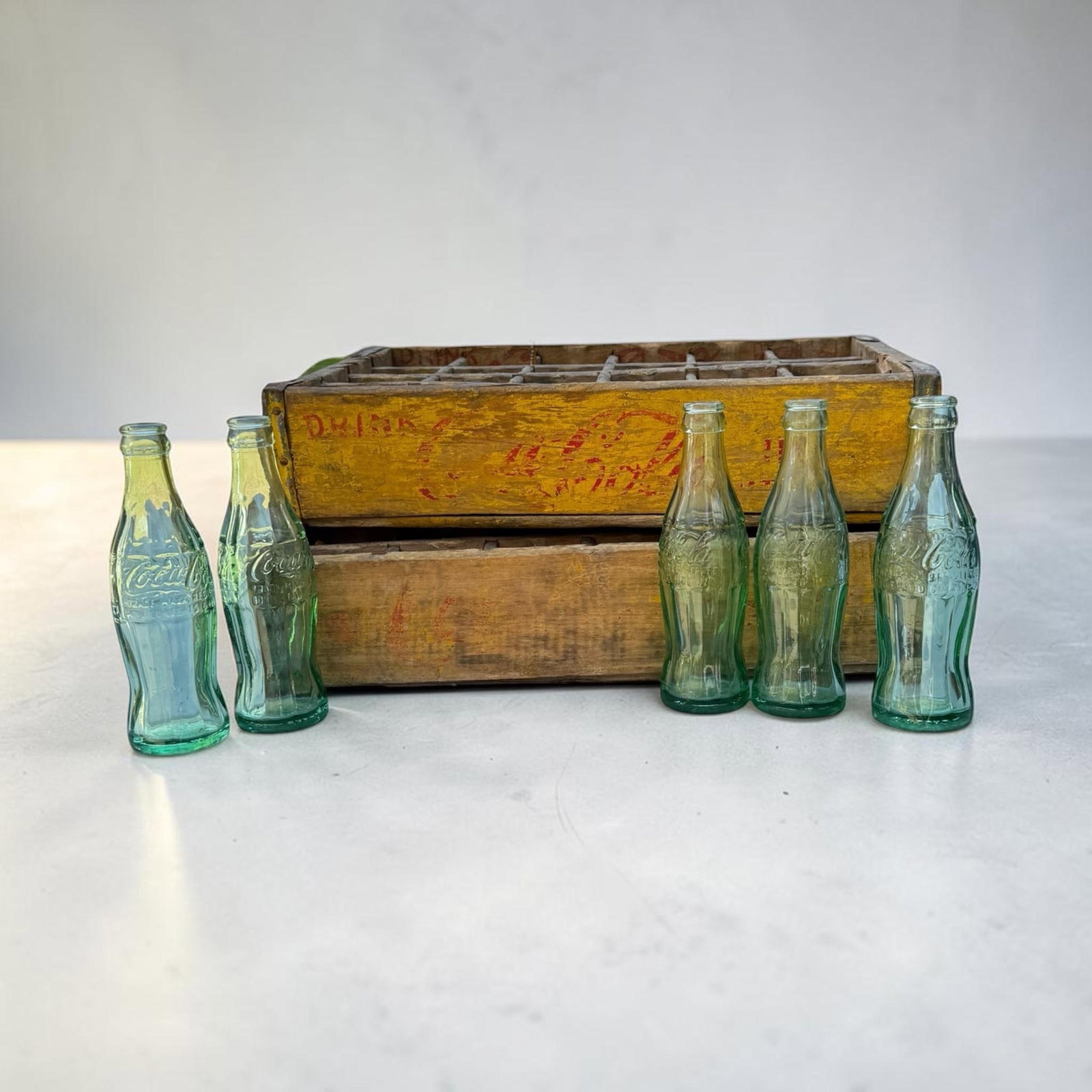 1960's Vintage Yellow Coca-Cola Wooden Delivery Crates & Wailuku, Maui Hawaii Bottle Trio - 3