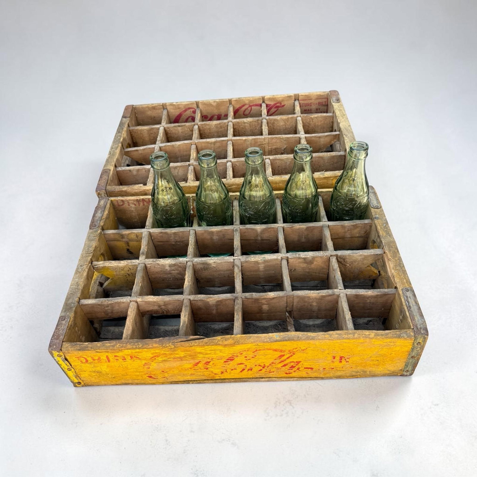 1960's Vintage Yellow Coca-Cola Wooden Delivery Crates & Wailuku, Maui Hawaii Bottle Trio - 4