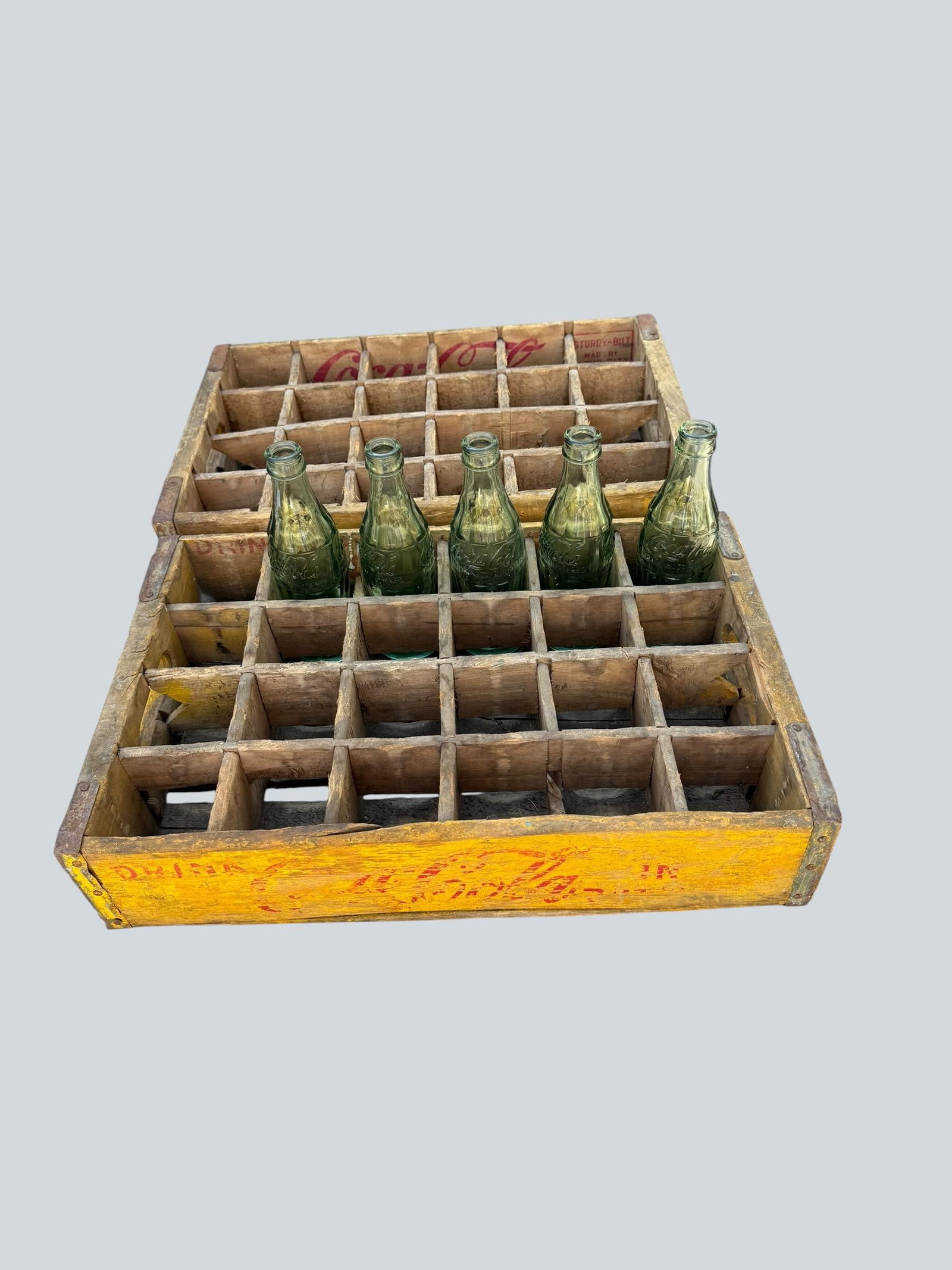 1960's Vintage Yellow Coca-Cola Wooden Delivery Crates & Wailuku, Maui Hawaii Bottle Trio - 5