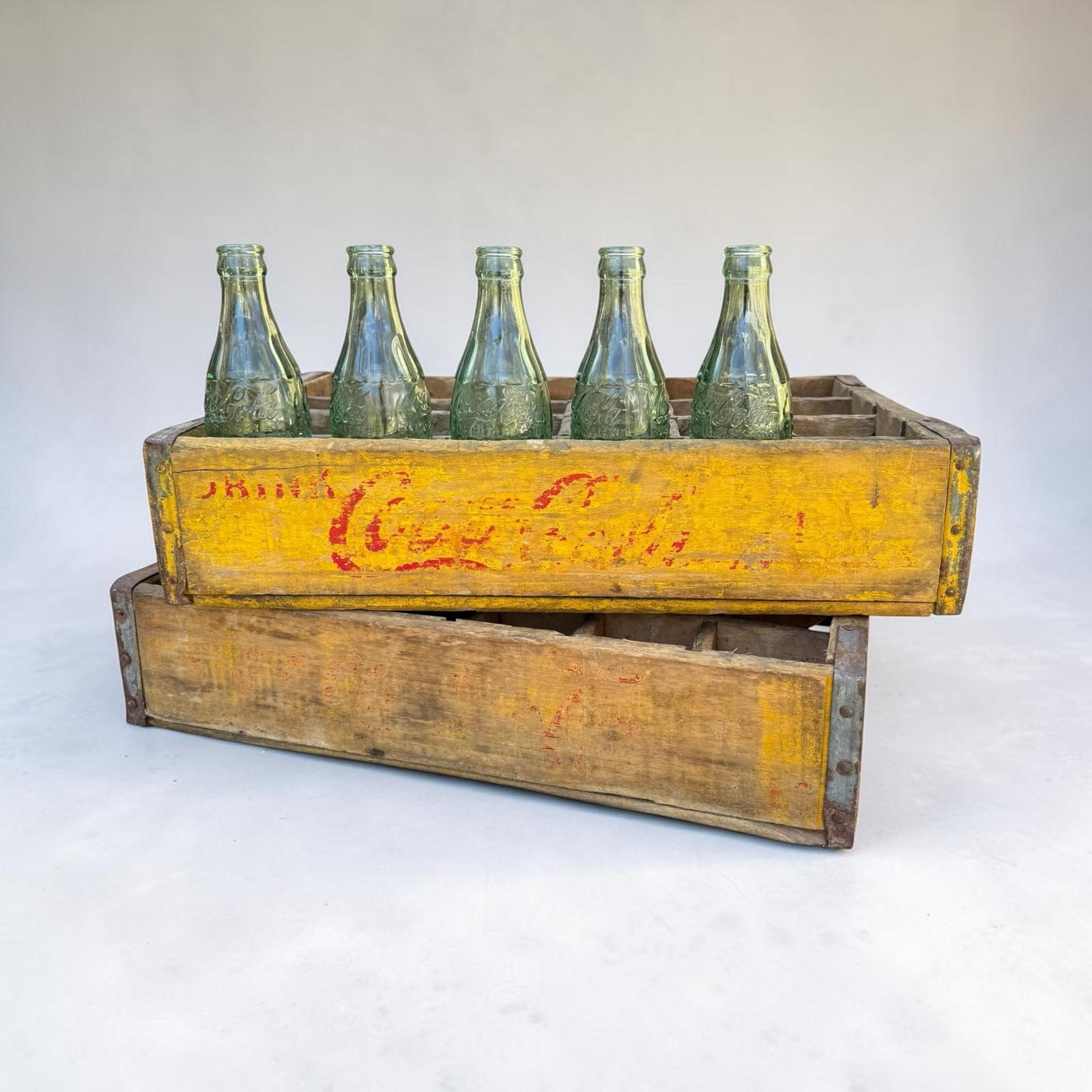 1960's Vintage Yellow Coca-Cola Wooden Delivery Crates & Wailuku, Maui Hawaii Bottle Trio - 9
