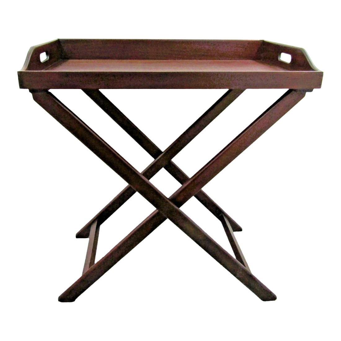 Mid 20th Century Vintage English Butler's Mahogany Tray Table With Folding Stand: A handsome richly stained mahogany vintage Butler's Tray Table that sits on a folding stand, circa Mid 20th Century. This versatile tray table features a large 30" wide front loading tray with side ca