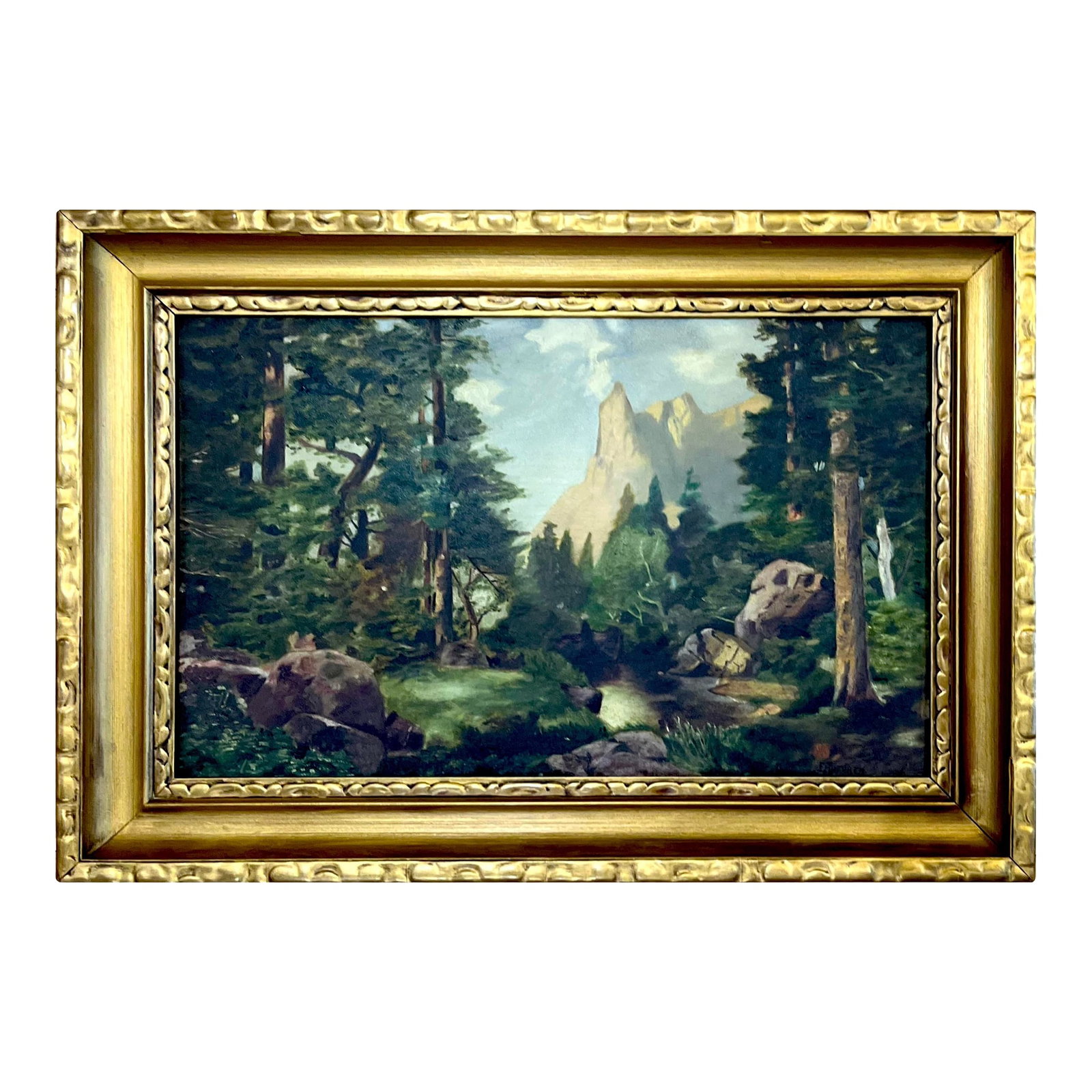 Sentinel Rock Through Pines Yosemite Oil on Board - After Thomas Moran Circa 1915: Oil on board framed painting after "Sentinel Rock Through Pines Yosemite Park: by Thomas Moran. A member of the Hudson River School - Moran was known for his work which captured the beauty A work