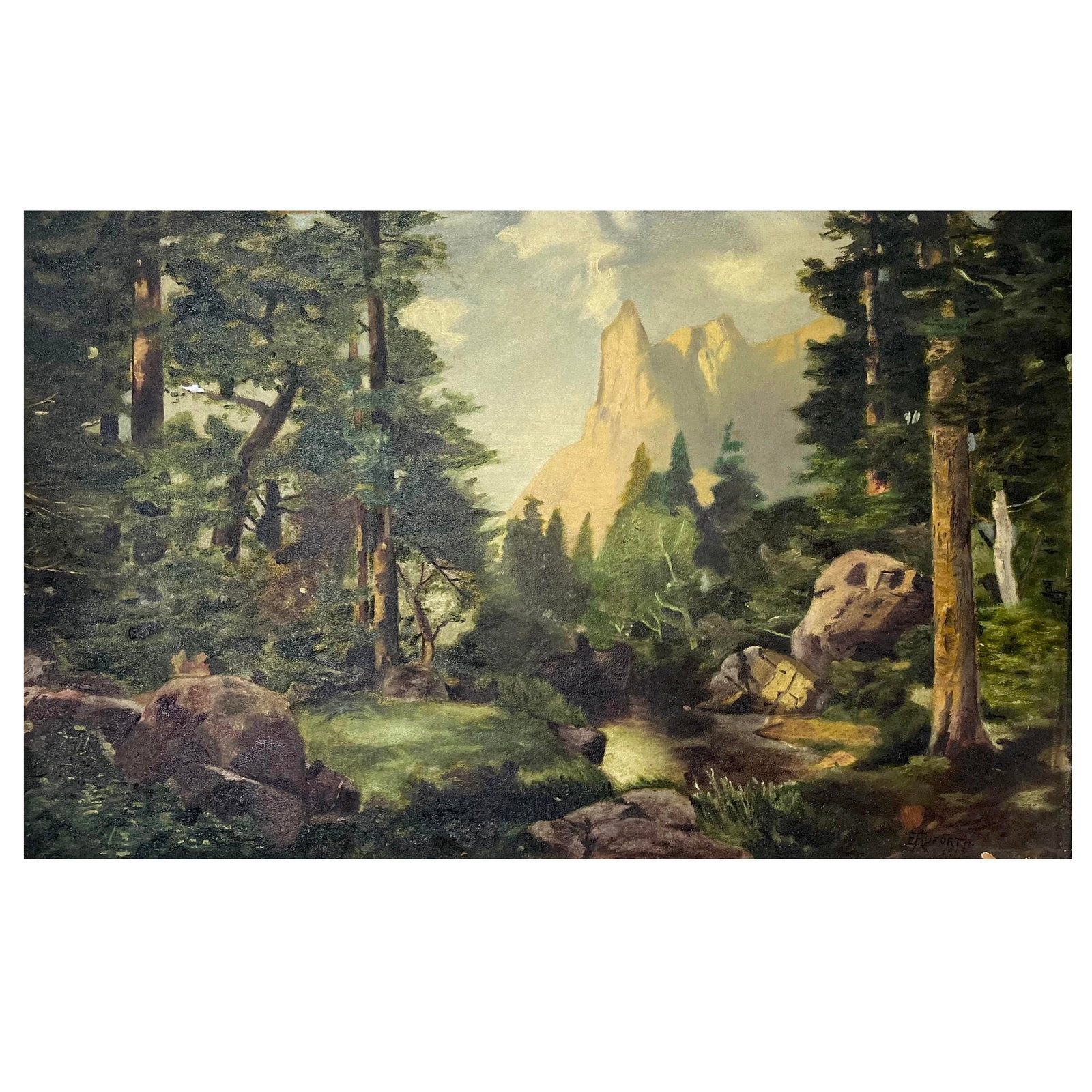 Sentinel Rock Through Pines Yosemite Oil on Board - After Thomas Moran Circa 1915 - 2