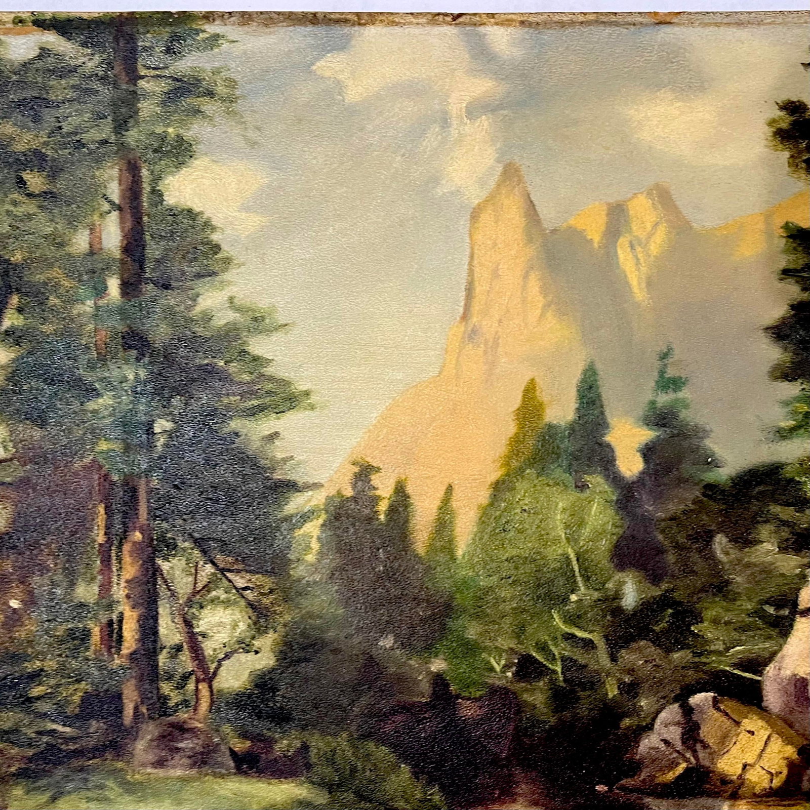 Sentinel Rock Through Pines Yosemite Oil on Board - After Thomas Moran Circa 1915 - 4