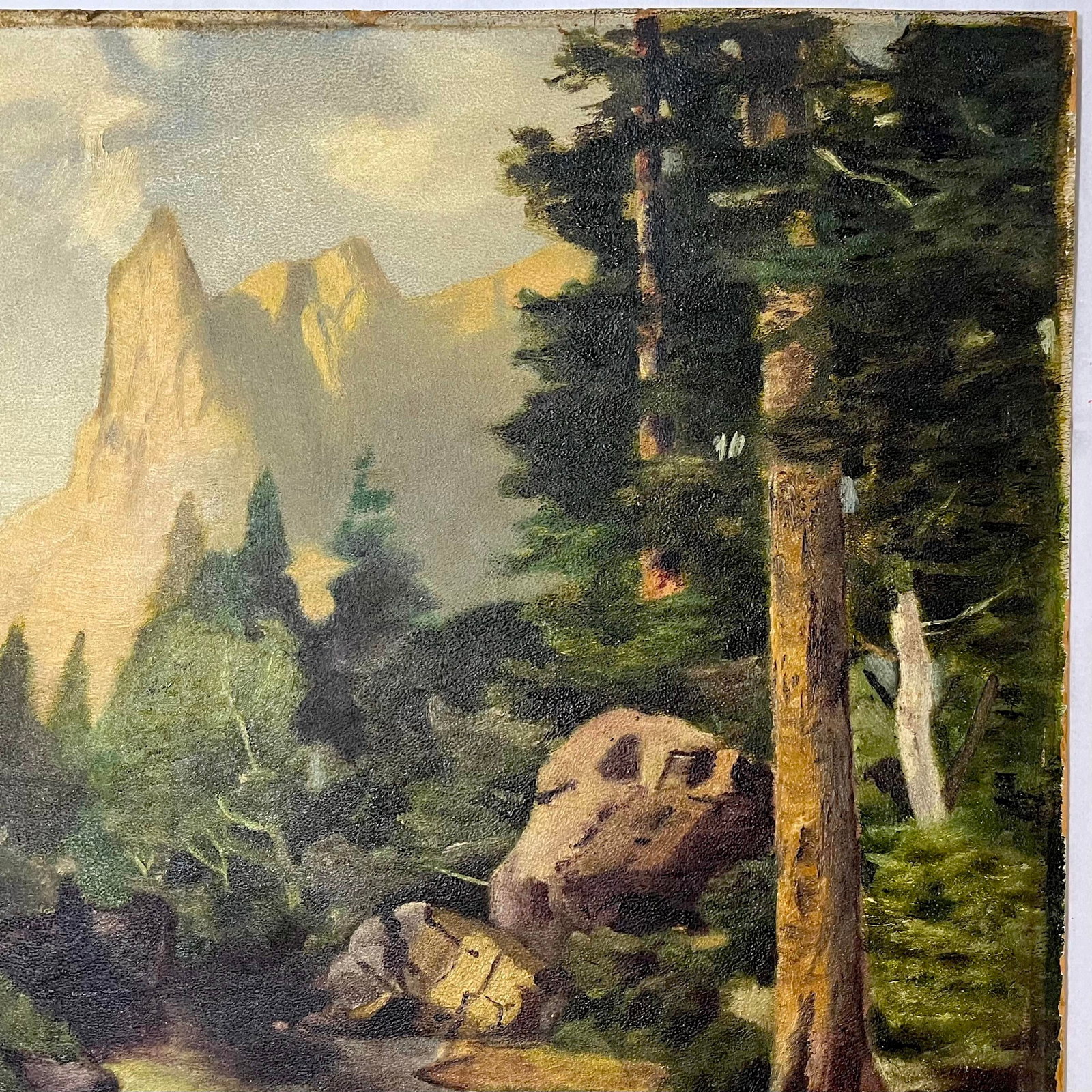 Sentinel Rock Through Pines Yosemite Oil on Board - After Thomas Moran Circa 1915 - 5