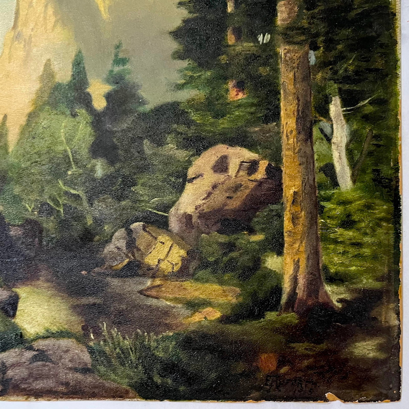 Sentinel Rock Through Pines Yosemite Oil on Board - After Thomas Moran Circa 1915 - 6