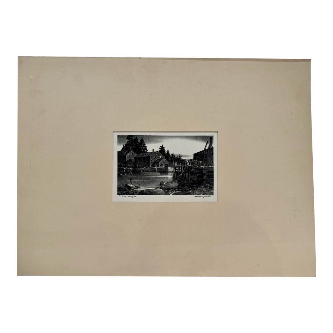 Mid 20th Century Stow Wengenroth Signed Lithograph Maine Coastal Harbor: Original stone lithograph by Stow Wengenroth (American, 1906 to 1978), one of the foremost American lithographers of the twentieth century and a National Academician. Quintessential Wengenroth subject