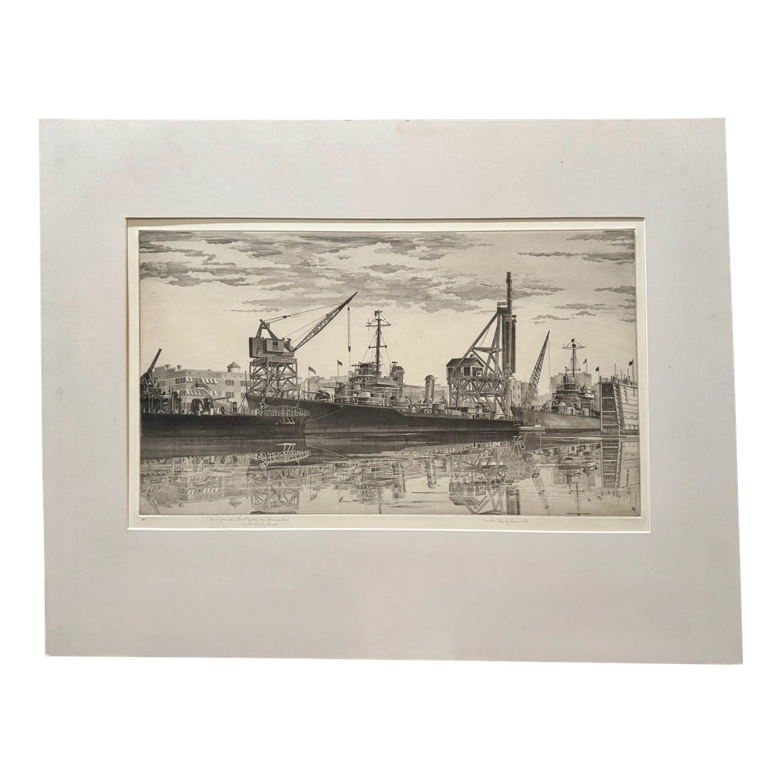 John Taylor Arms Wwii Navy Series Etching Destroyers in Wet Basin Federal Shipbuilding South Kearny: Original signed etching by John Taylor Arms (American, 1887 to 1953), titled "Destroyers in Wet Basin at Federal Shipbuilding and Drydock Company, South Kearny, New Jersey (U.S.S. Radford, U.S.S.