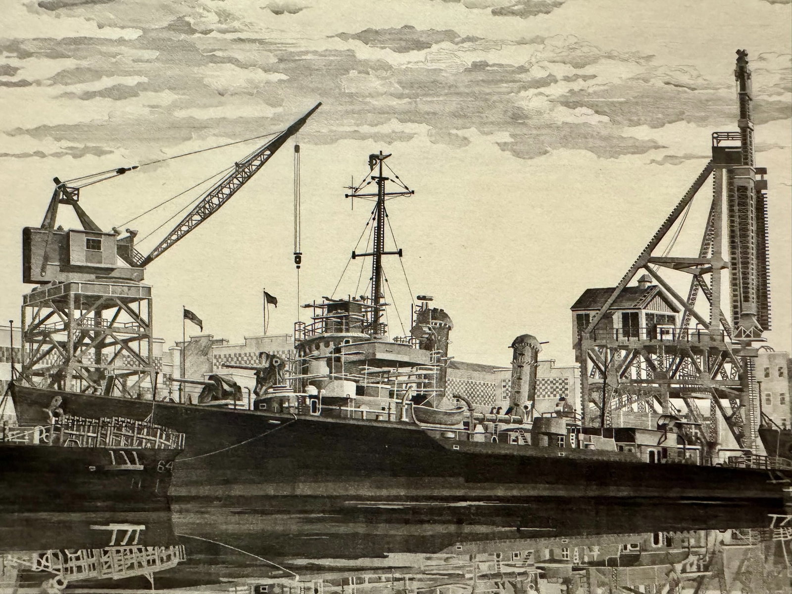 John Taylor Arms Wwii Navy Series Etching Destroyers in Wet Basin Federal Shipbuilding South Kearny - 2