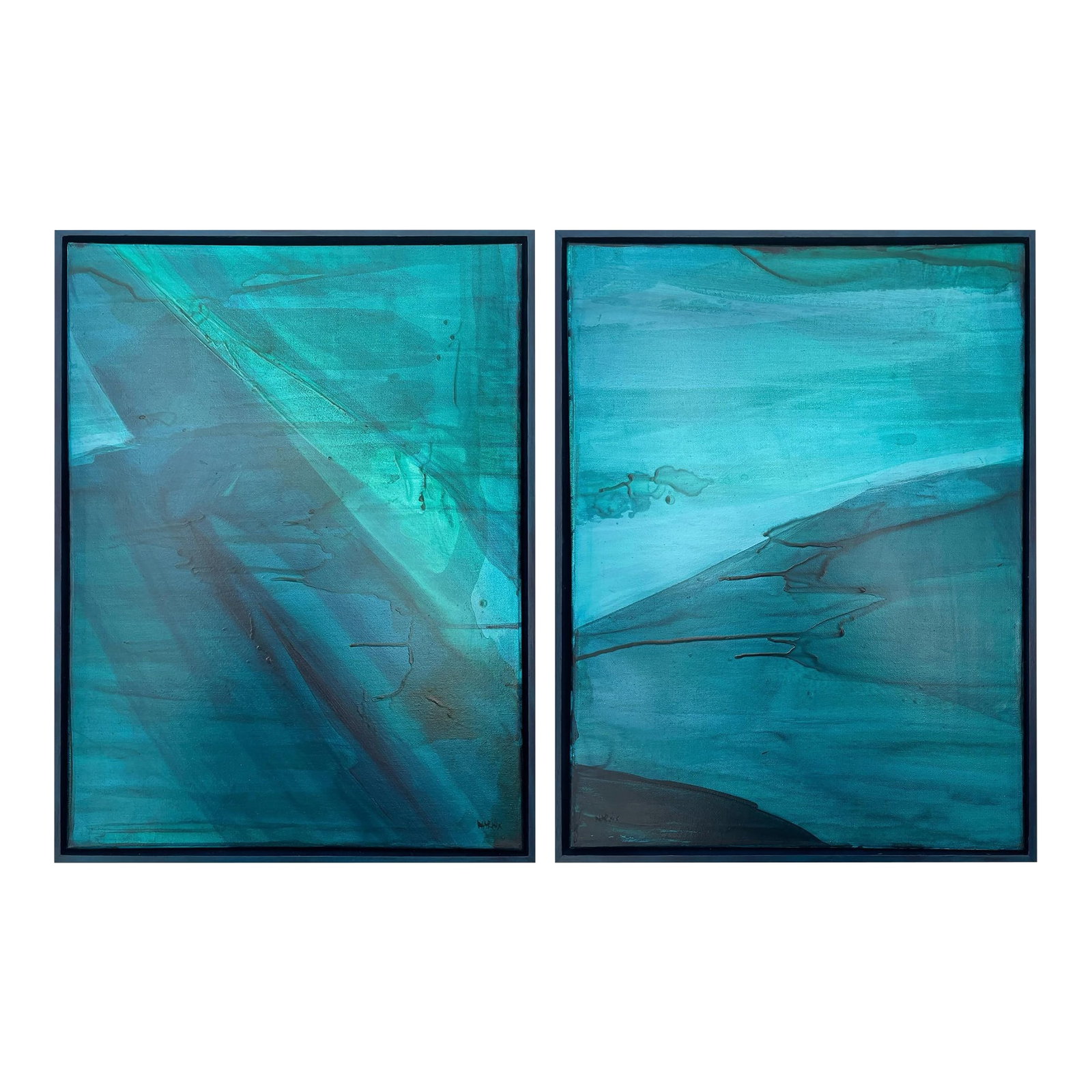 Modern Organic Coastal Diptych Painting in Turquoise & Deep Teal by Stacey Warnix: Offering a refined interplay of movement, depth, and luminous color, this set of original paintings by Stacey Warnix explores the atmospheric qualities of water, light, and horizon through a minimalis