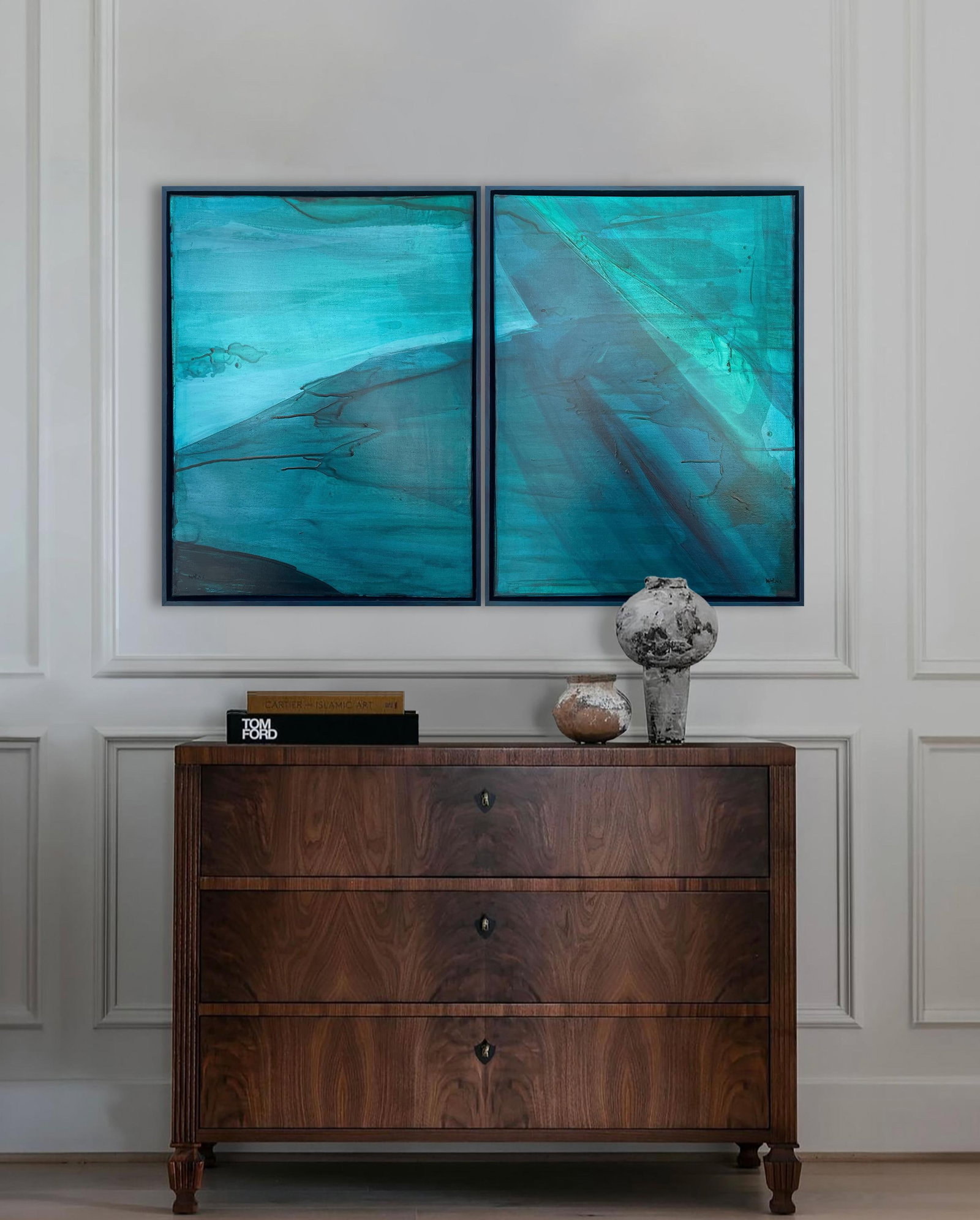 Modern Organic Coastal Diptych Painting in Turquoise & Deep Teal by Stacey Warnix - 2