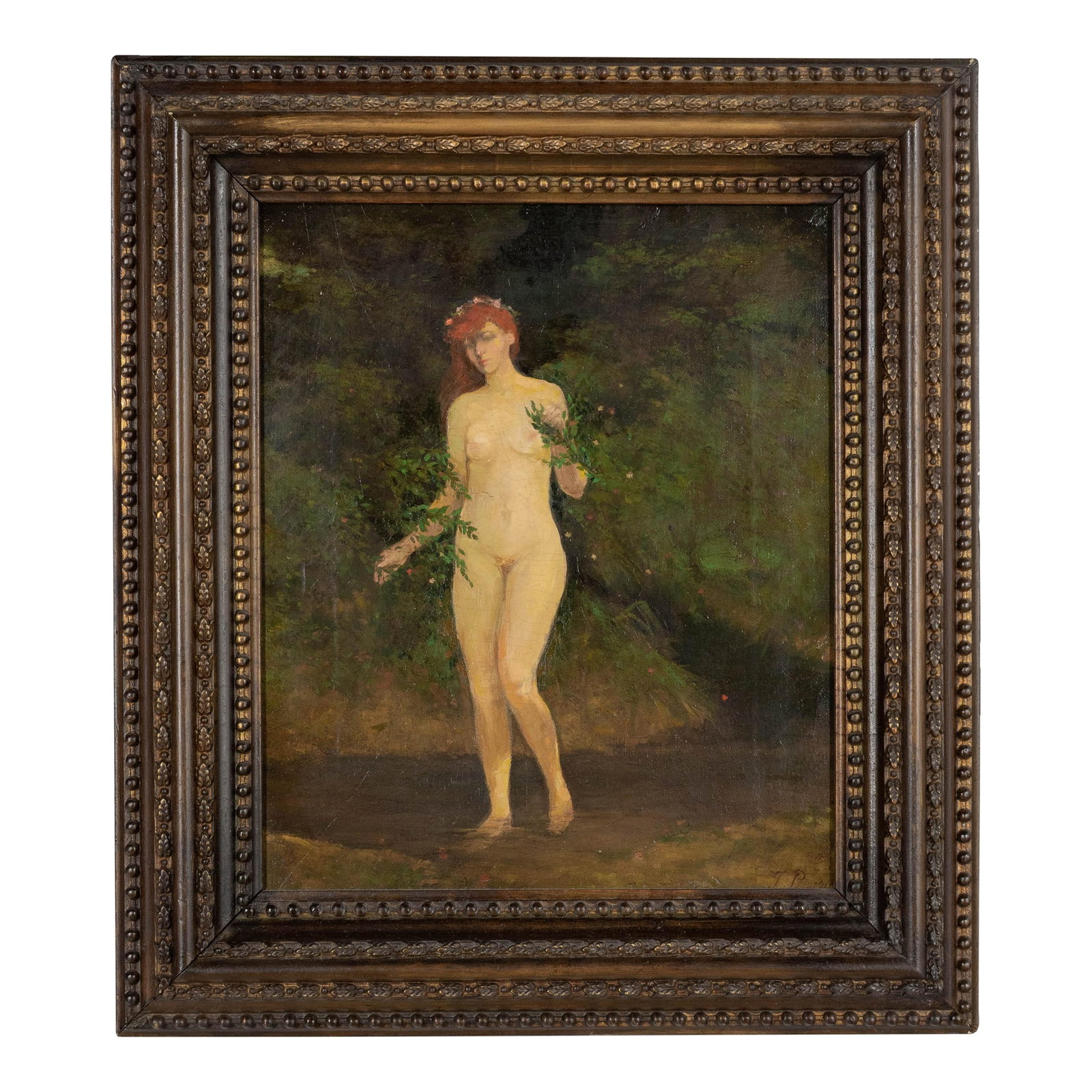 Julius Paulsen Danish Painting Oil on Canvas Framed: A small painting by Danish artist Julius Paulsen (1860-1940) depicting a nude woman emerging from a wooded forest, her feet in a small stream or pond. This is beautifully executed, nude study or bathe