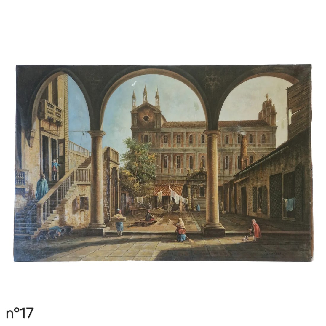 Mid-20th Century Signed Panarello - Italian Courtyard Scene With Figures, Oil on Canvas - 2