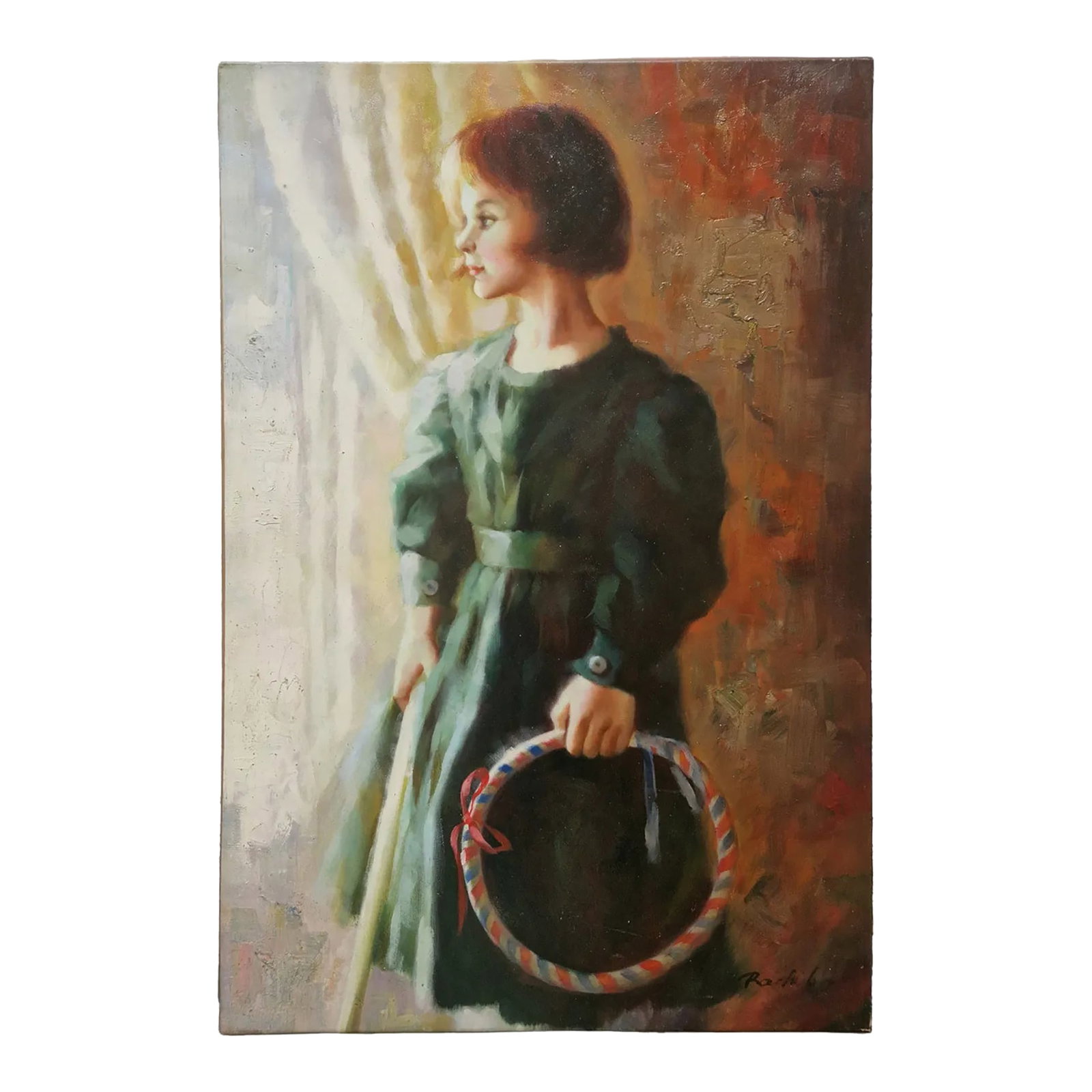 Mid-20th Century Signed Rasky - Girl With Hoop, Oil on Canvas: Signed oil on canvas by Rasky, circa 1960s-1980s, depicting a young girl standing beside a window holding a colorful hoop. Rendered in a soft impressionistic style, the composition emphasizes warm