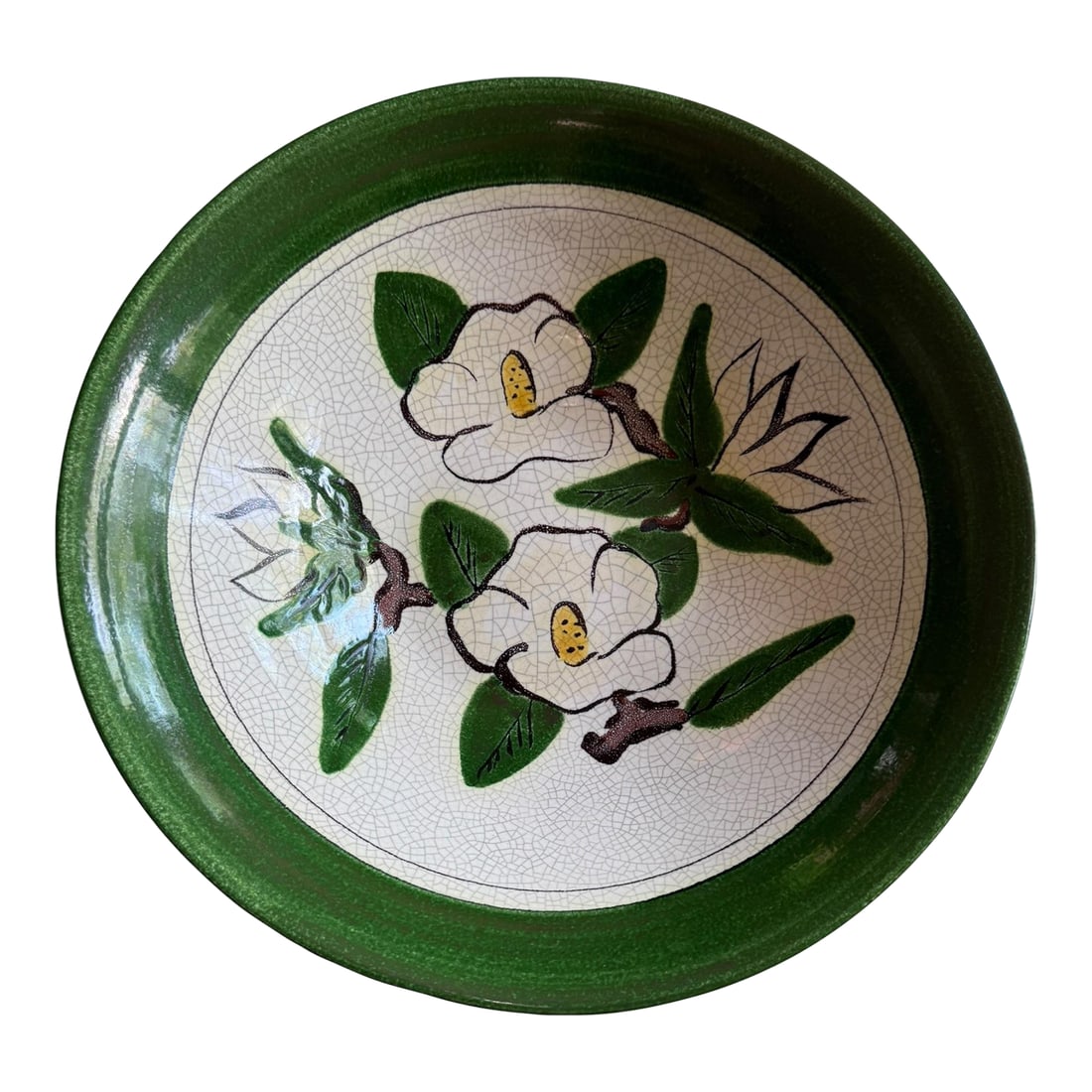 1950s Majolica Large Serving Bowl Hartman Studios of Los Angeles, California Magnolia: Majolica Bowl Hartman Studios of Los Angeles, California 14.75" Round x 4" High This hand-painted large serving bowl was produced by Hartman Studios, a mid-century California pottery studio located in