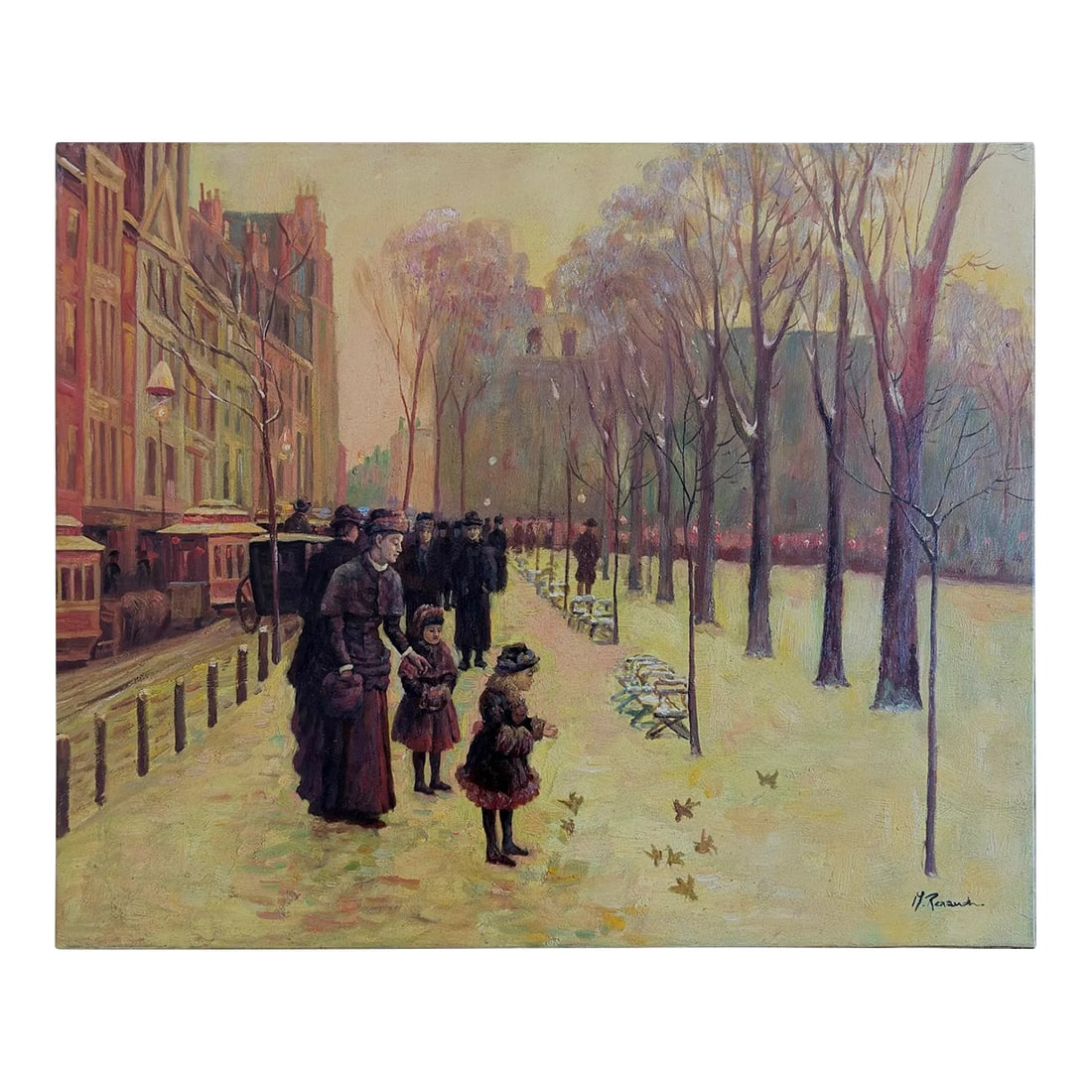 Mid-20th Century Signed M. Ramonde - Parisian Boulevard Scene With Figures, Oil on Canvas: Oil on canvas depicting a Parisian street scene with figures walking along a tree-lined boulevard. In the foreground, a woman with two children stands near a path where small birds are gathered,