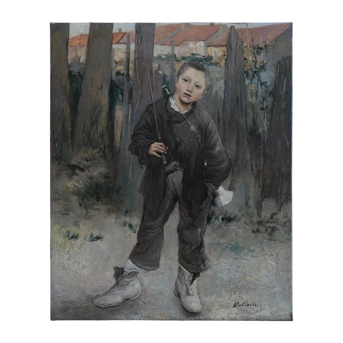 Mid-20th Century Signed Lelievre - Young Boy With Fishing Rod, Oil on Canvas: Oil on canvas depicting a young boy standing in a rustic outdoor setting, holding a fishing rod beside a wooden fence. The composition is rendered in a naturalistic, academic style with muted earth to