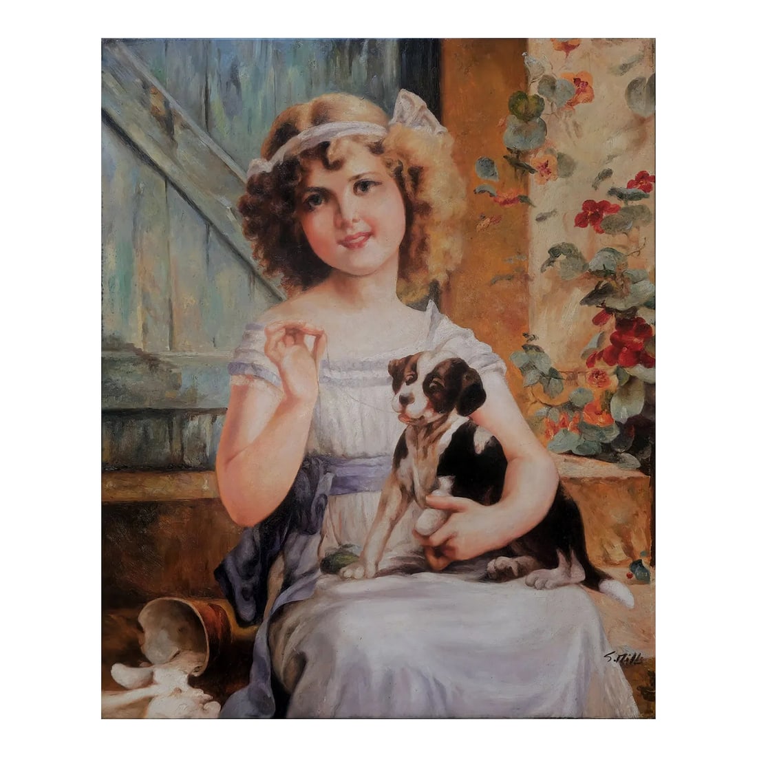 Mid-20th Century Signed S. Tille - Portrait of a Young Girl With Puppy, Oil on Canvas: Oil on canvas depicting a seated young girl holding a small dog. The figure is shown in an interior setting beside a wooden door and floral elements. The composition focuses on the childâs face