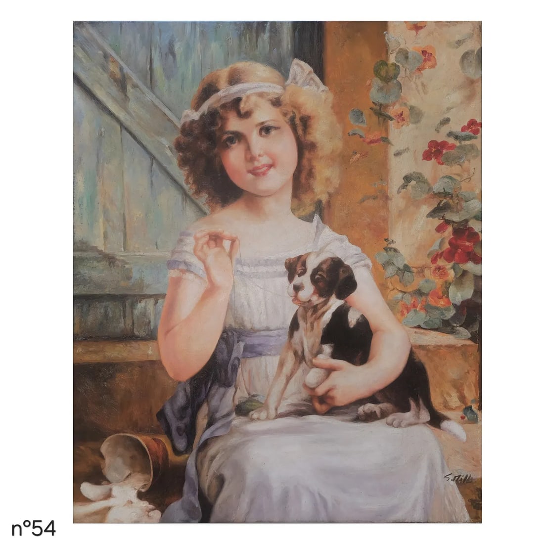 Mid-20th Century Signed S. Tille - Portrait of a Young Girl With Puppy, Oil on Canvas - 2